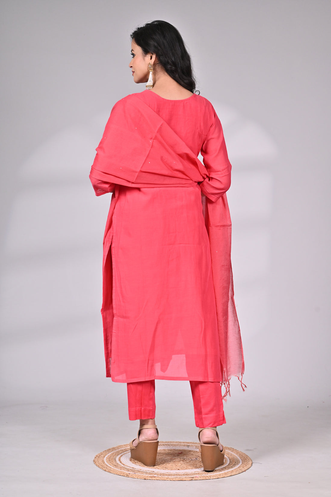 Coral Pink Silk Blend Embroidered Suit Set with Dupatta