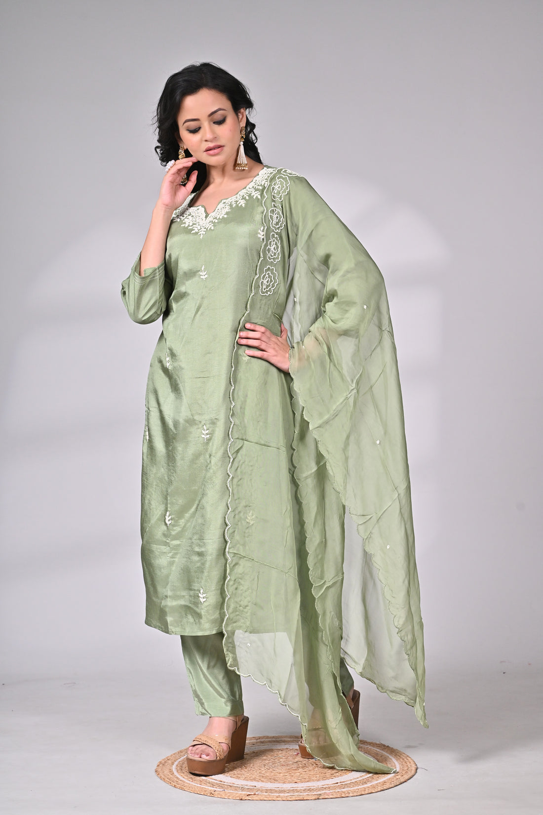 Sage Green Silk Blend Embroidered Suit Set with Dupatta