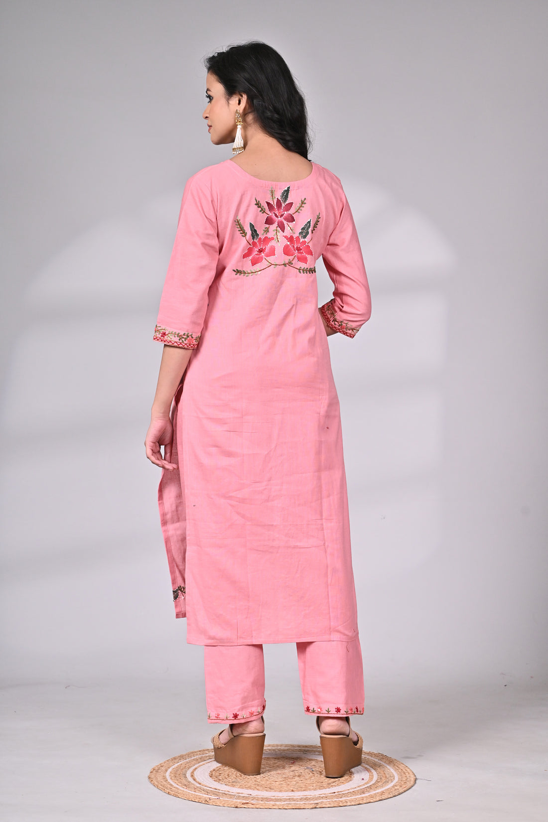 Pink Cotton Hand Painted and Embroidered Suit Set