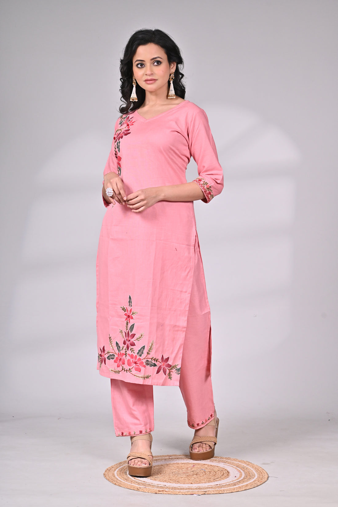 Pink Cotton Hand Painted and Embroidered Suit Set