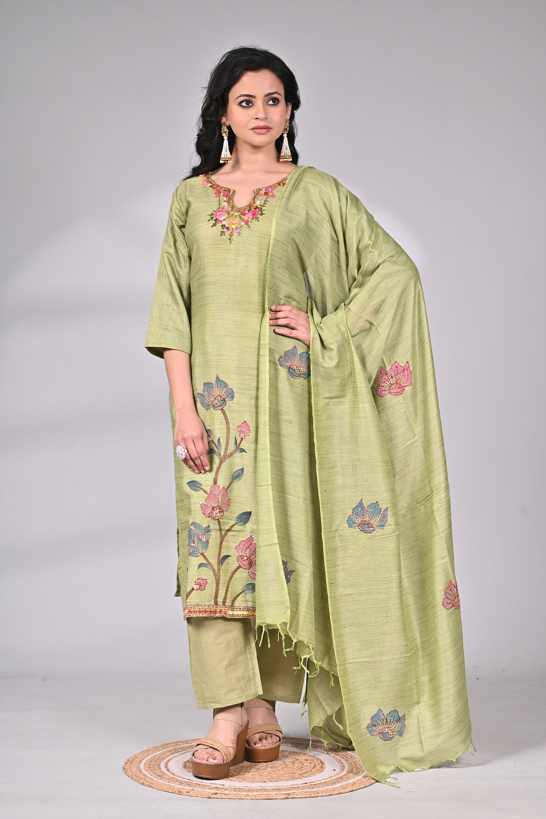 Linen Cotton Hand Painted and Hand Embroidered Suit Set