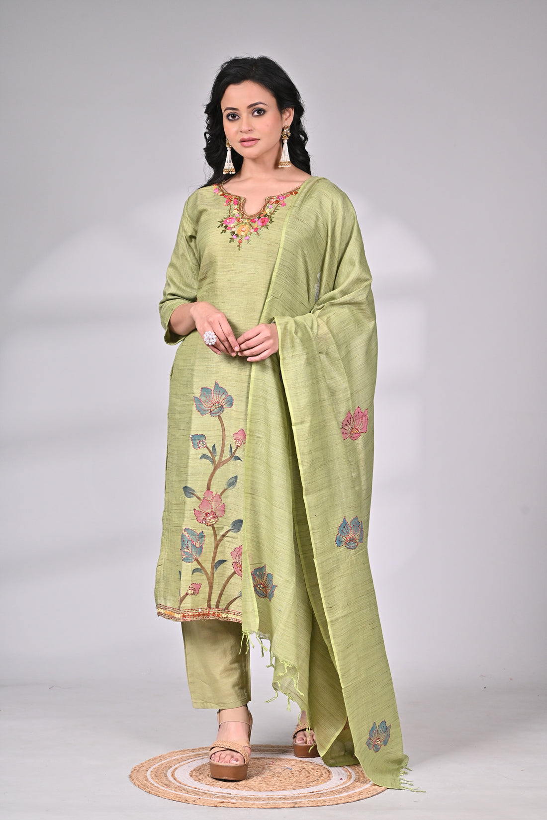 Linen Cotton Hand Painted and Hand Embroidered Suit Set