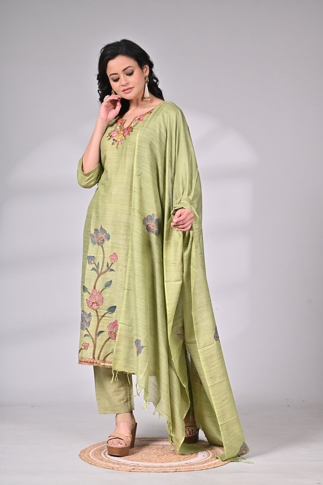 Linen Cotton Hand Painted and Hand Embroidered Suit Set