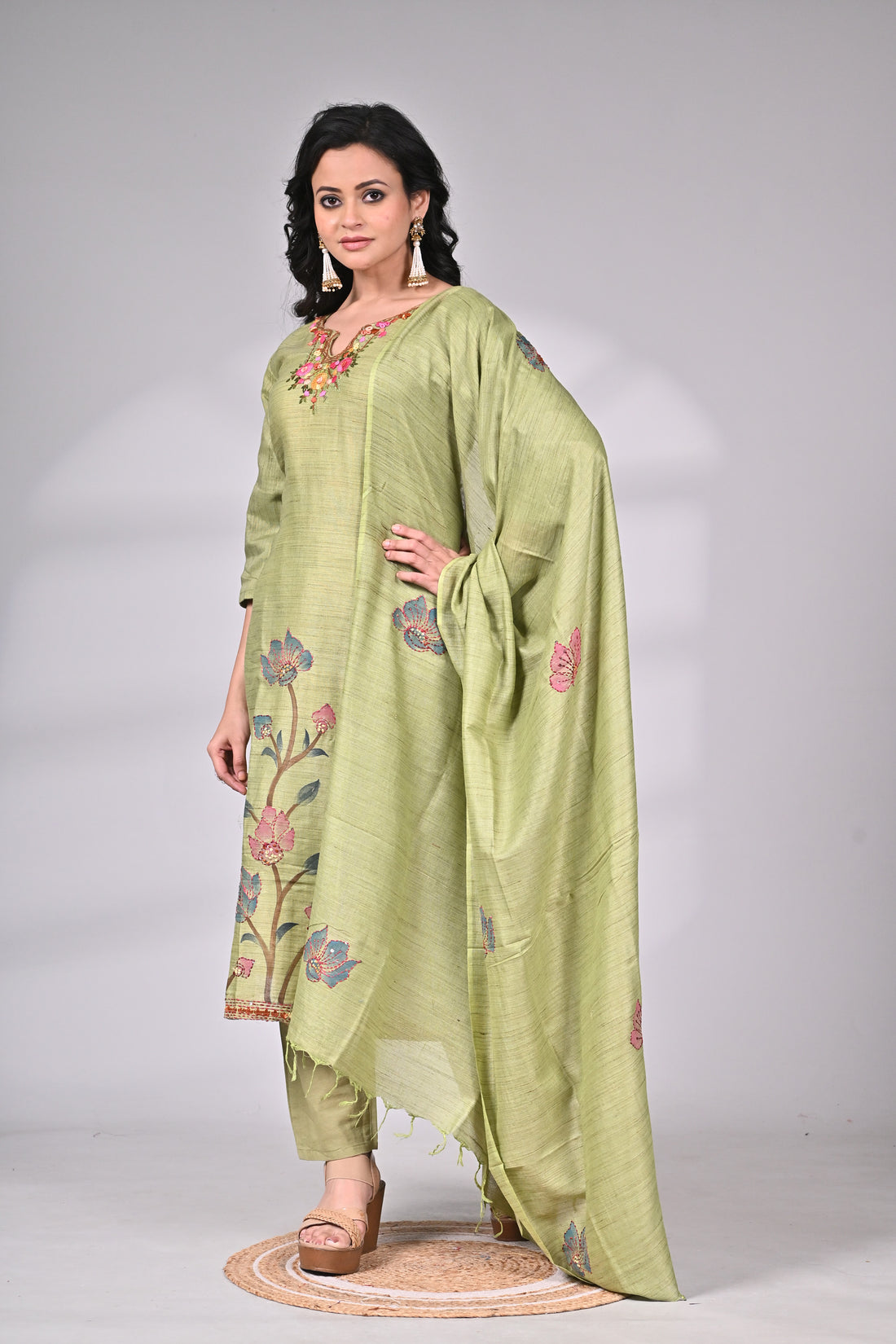 Linen Cotton Hand Painted and Hand Embroidered Suit Set