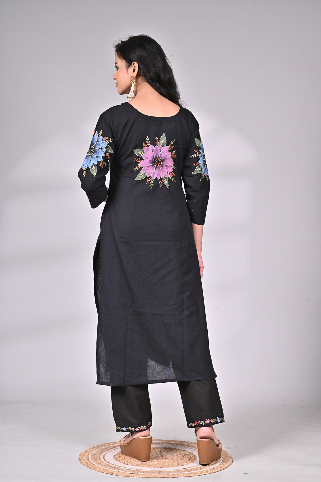 Black Cotton Embroidered Suit Set with Straight Pants