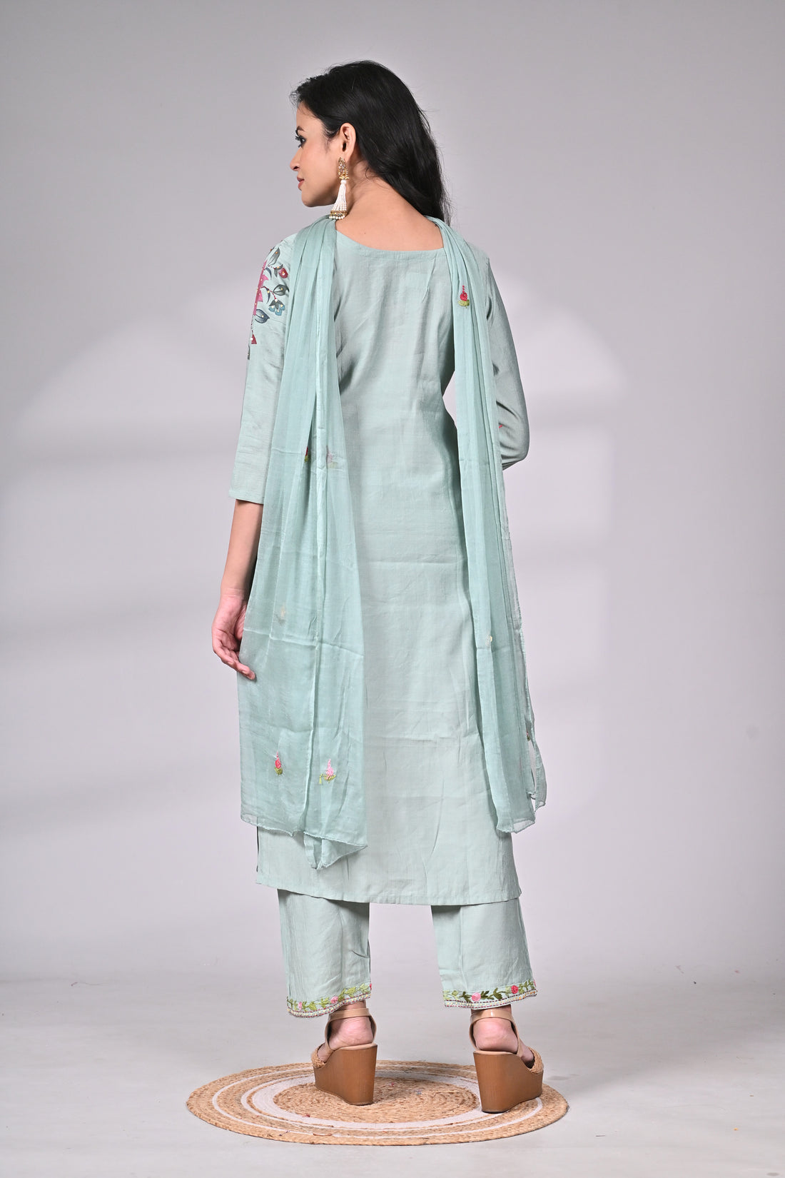 Mint Green Mul Cotton Linen Suit Set with Hand Painting and Embroidery