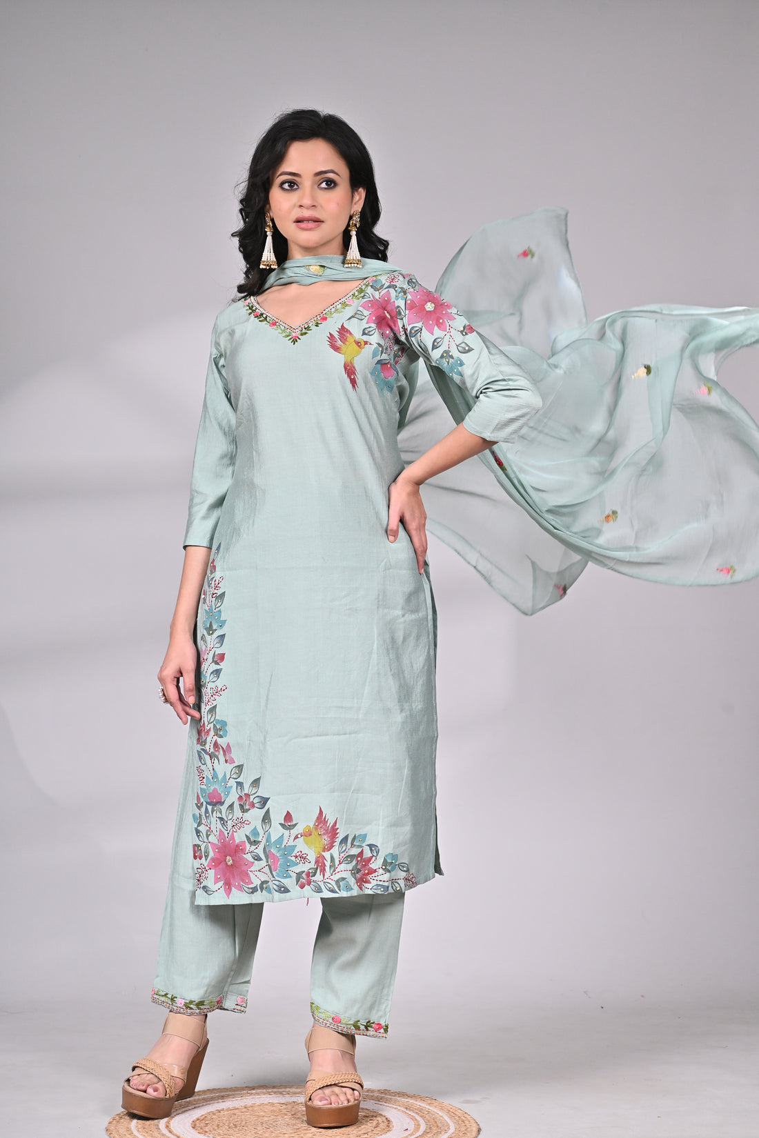 Mint Green Mul Cotton Linen Suit Set with Hand Painting and Embroidery