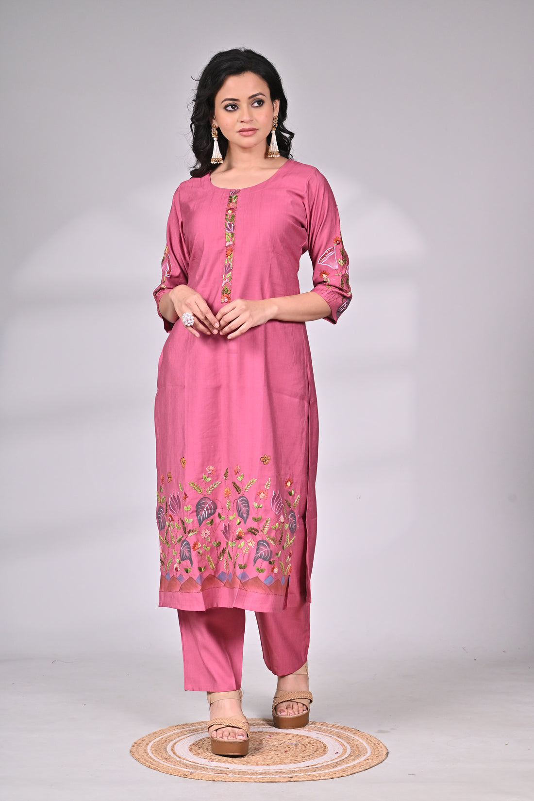 Rose Pink Cotton Silk Hand Embroidered Suit Set