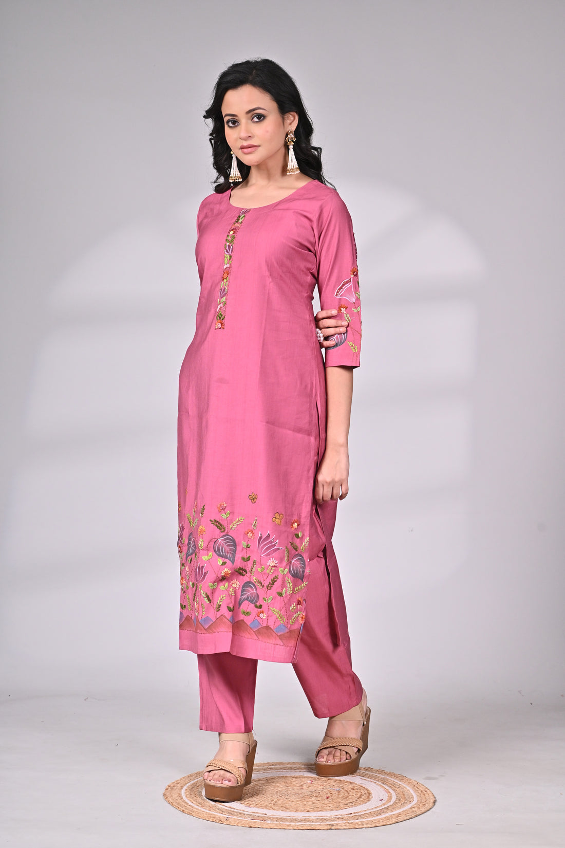 Rose Pink Cotton Silk Hand Embroidered Suit Set