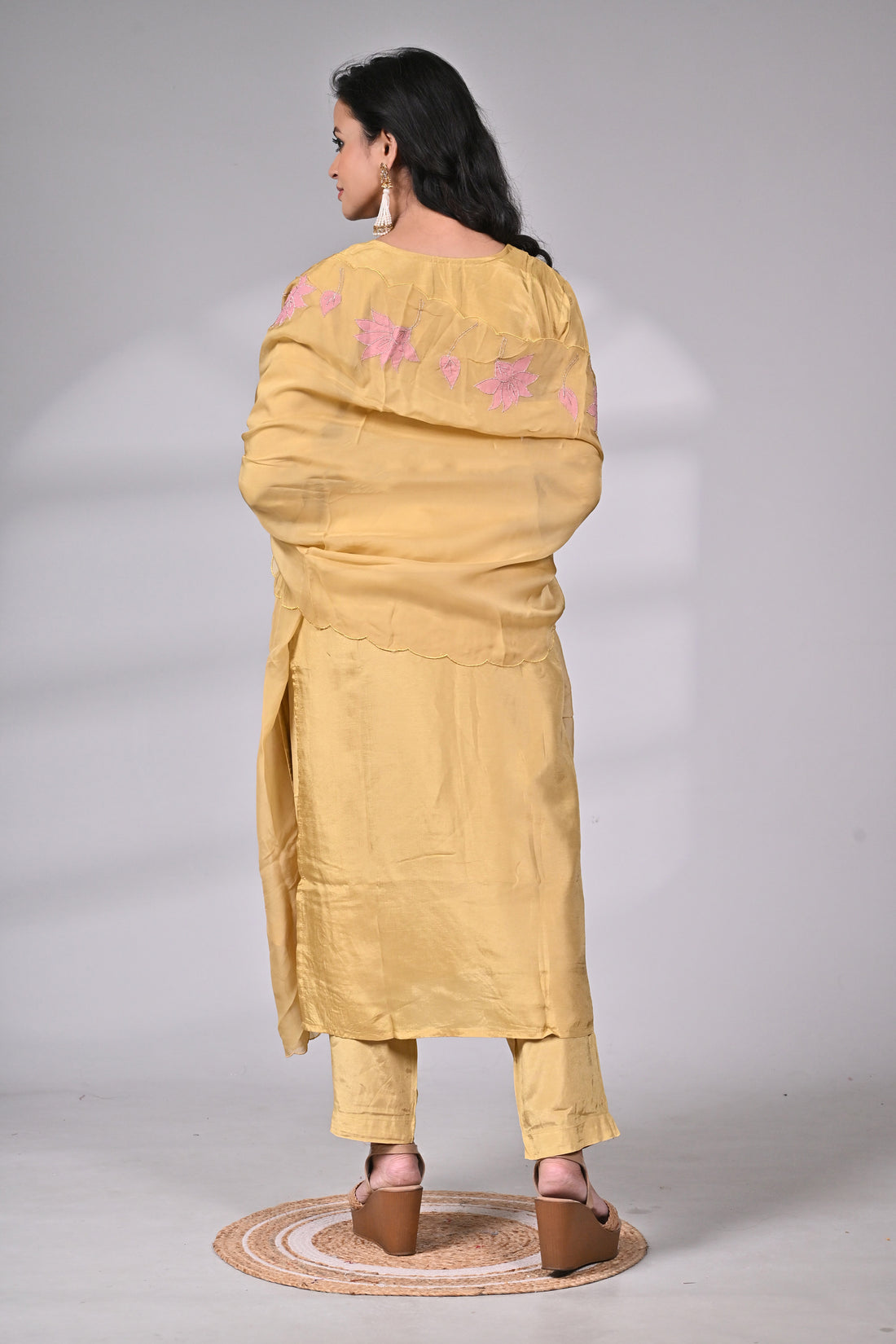 Mustard Silk Blend Suit Set with Applique and Embroidery