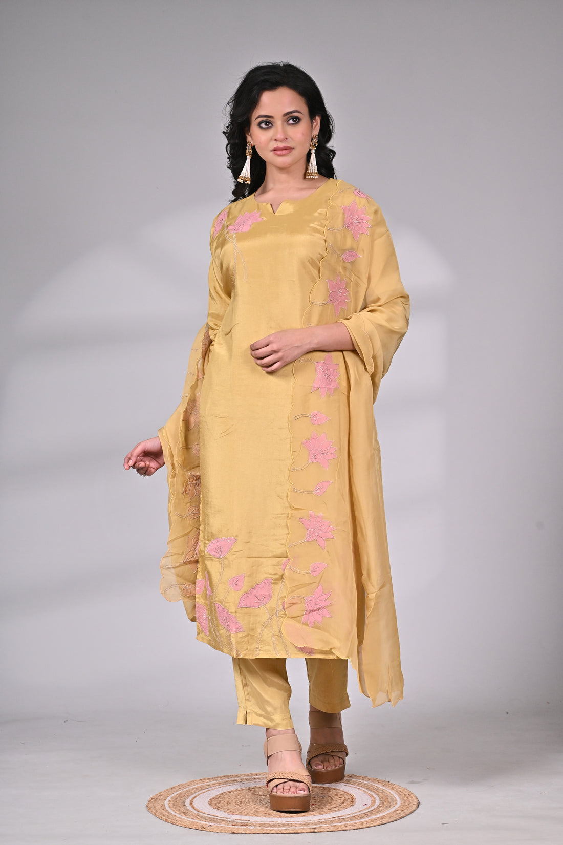 Mustard Silk Blend Suit Set with Applique and Embroidery