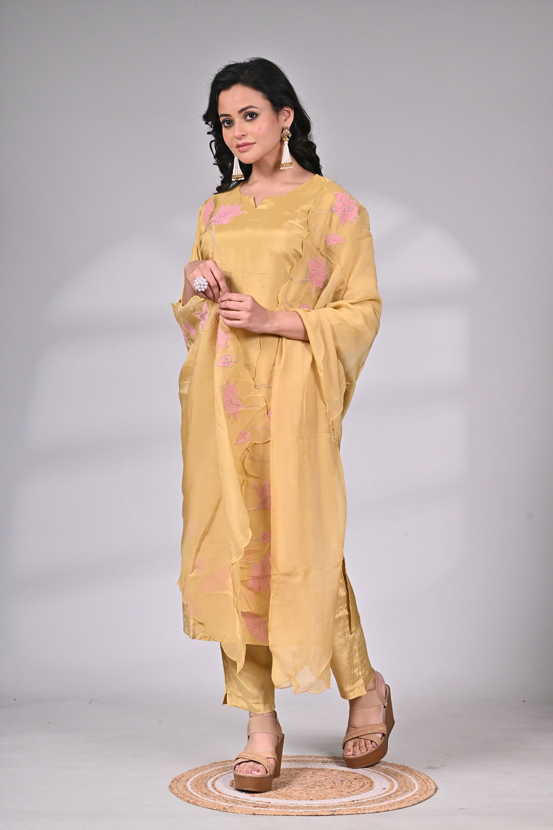 Mustard Silk Blend Suit Set with Applique and Embroidery