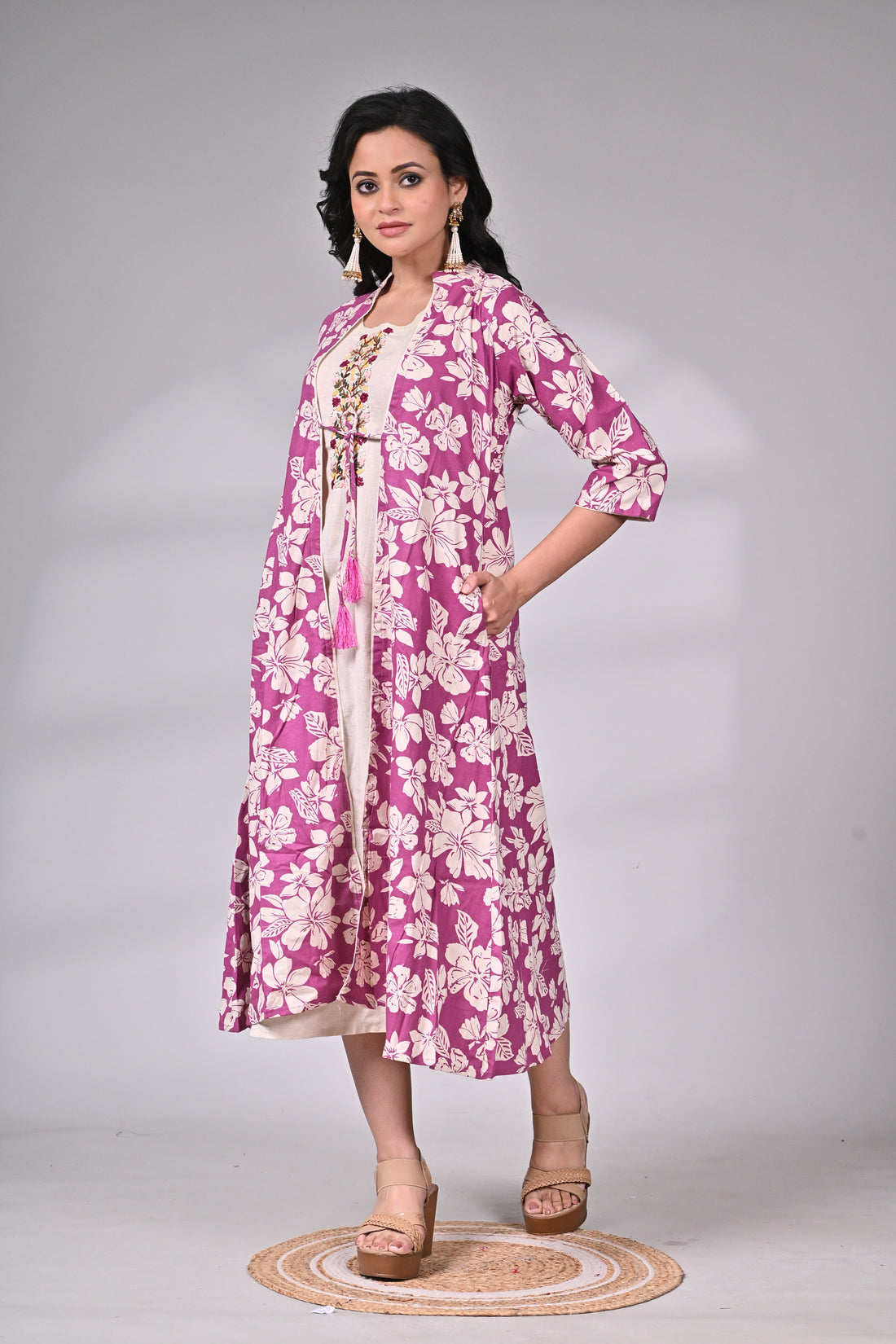 Kora Cotton Embroidered Dress with Printed Jacket