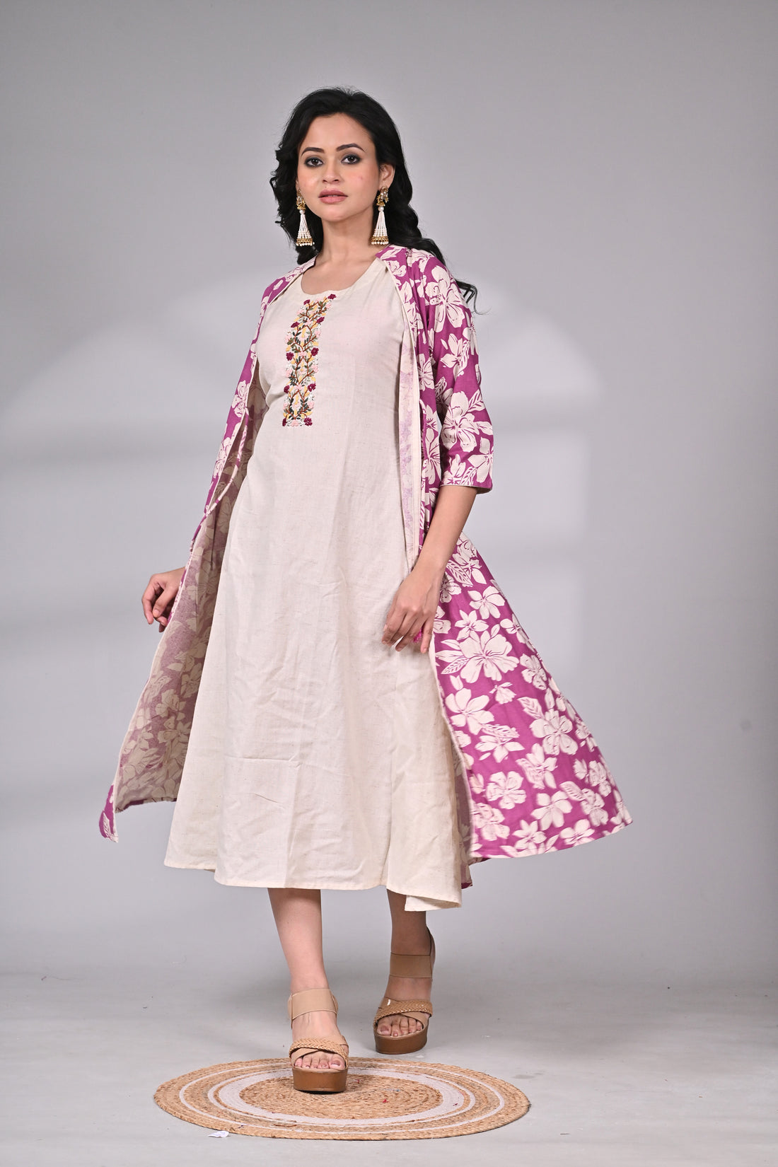 Kora Cotton Embroidered Dress with Printed Jacket