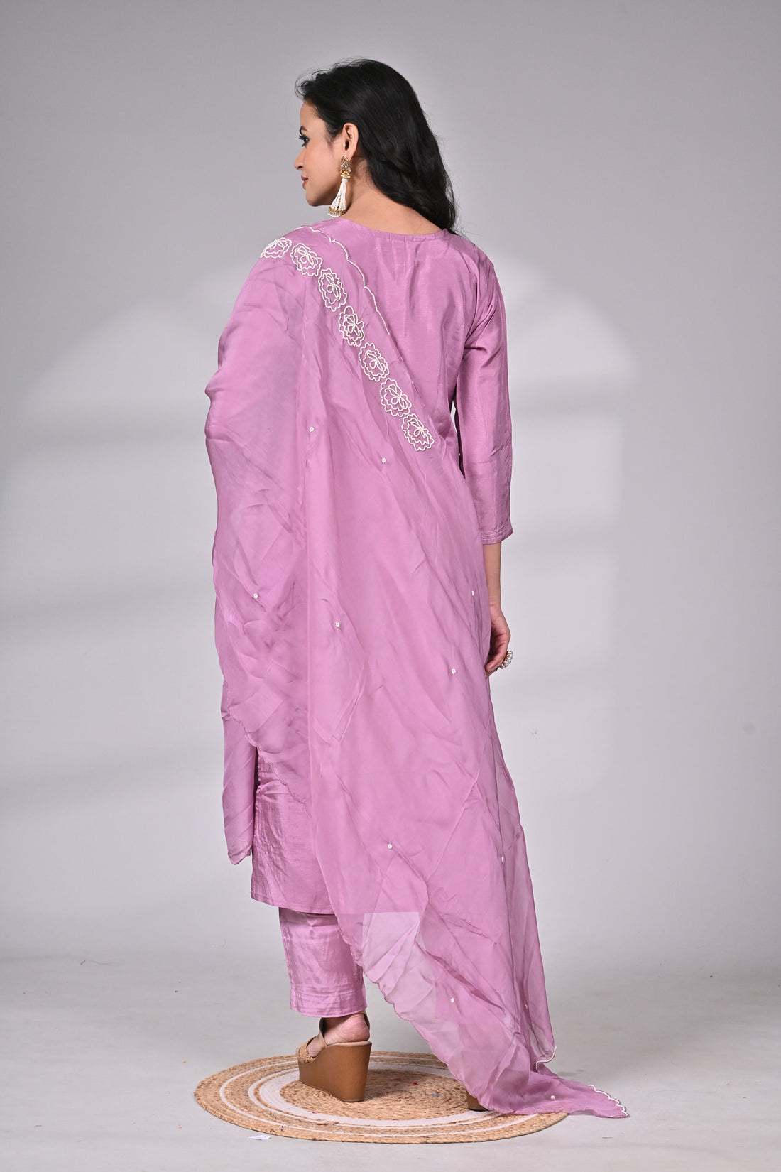 Lavender Silk Blend Embroidered Suit Set with Dupatta
