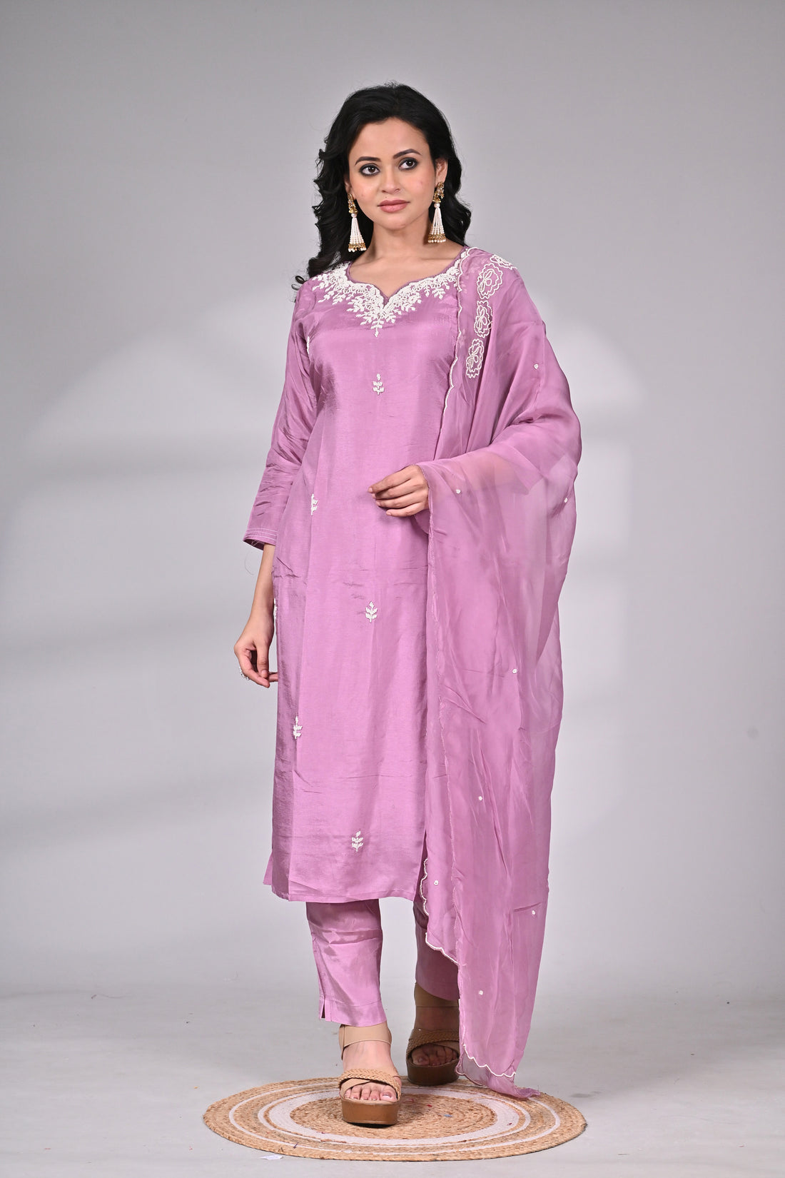 Lavender Silk Blend Embroidered Suit Set with Dupatta