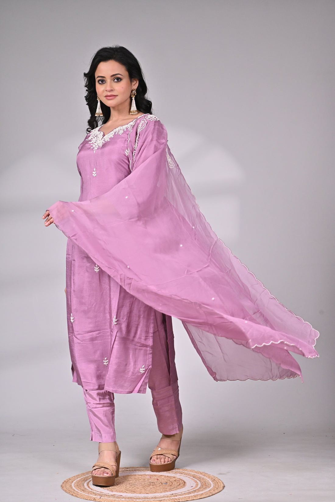 Lavender Silk Blend Embroidered Suit Set with Dupatta