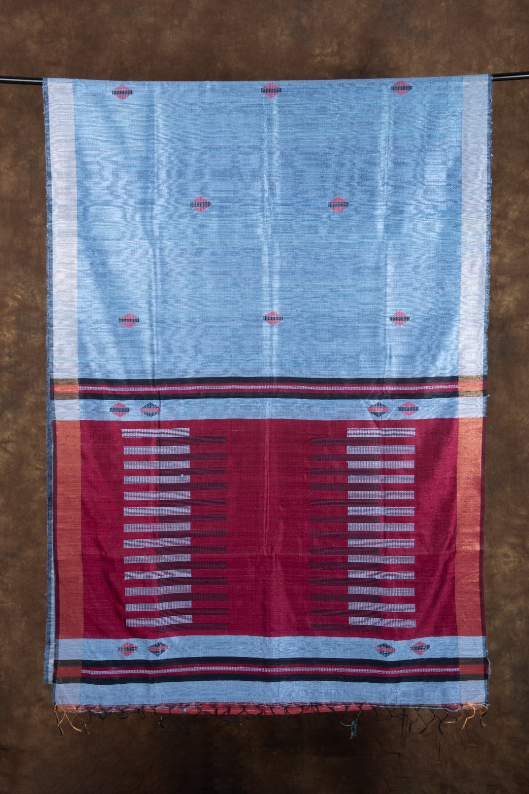 Mulberry Dupion Pure Handloom Crimson Blue Silk Saree