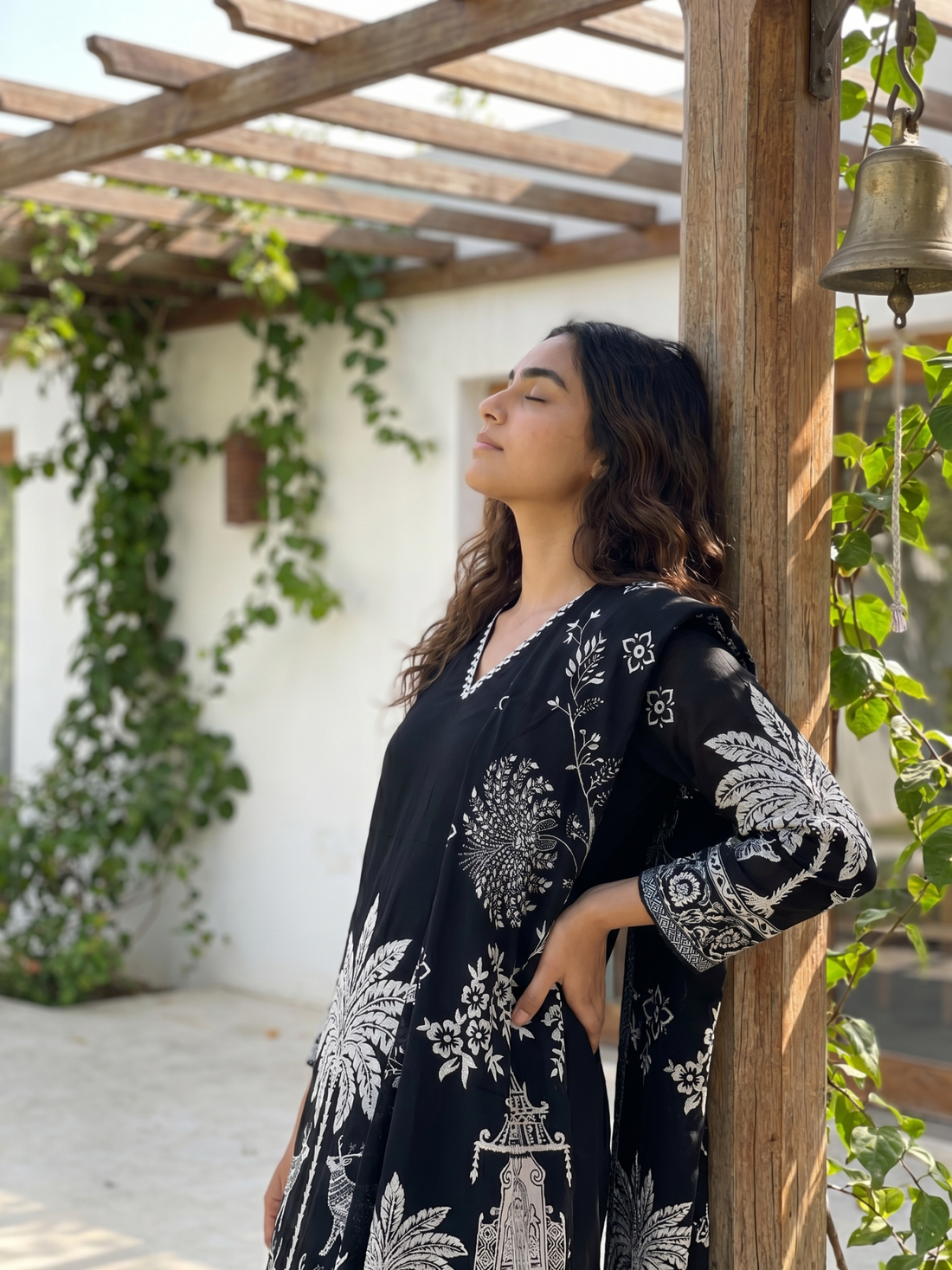 Midnight Forest | Black Cotton Kurta Set with Folk Art Print