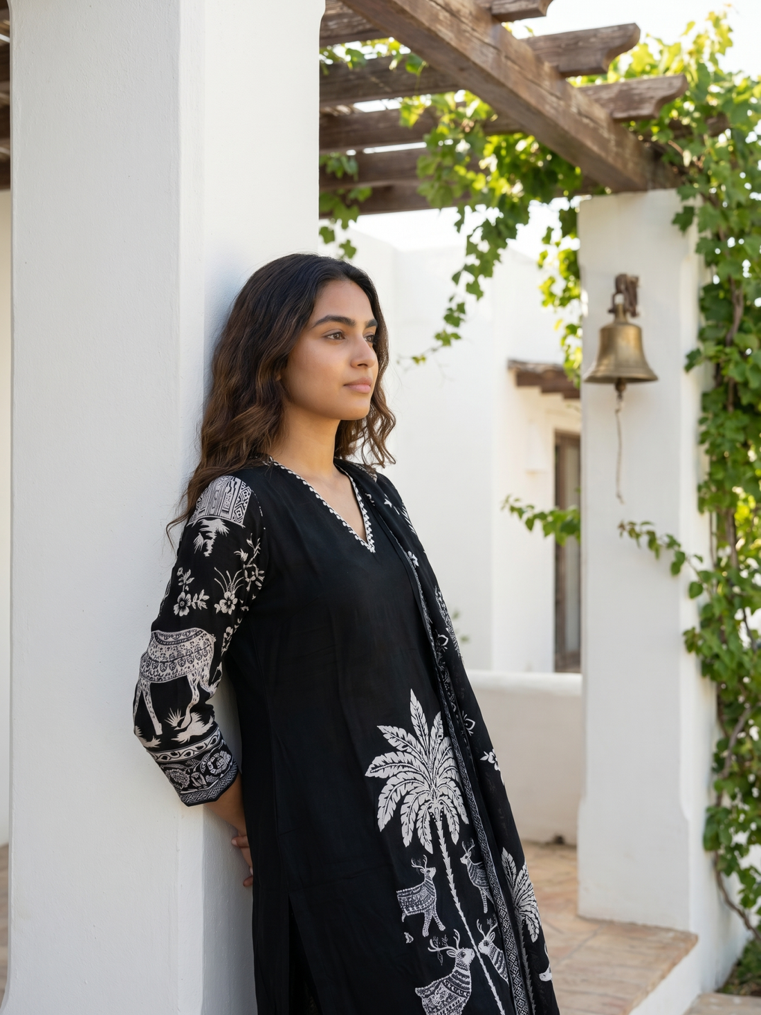 Midnight Forest | Black Cotton Kurta Set with Folk Art Print