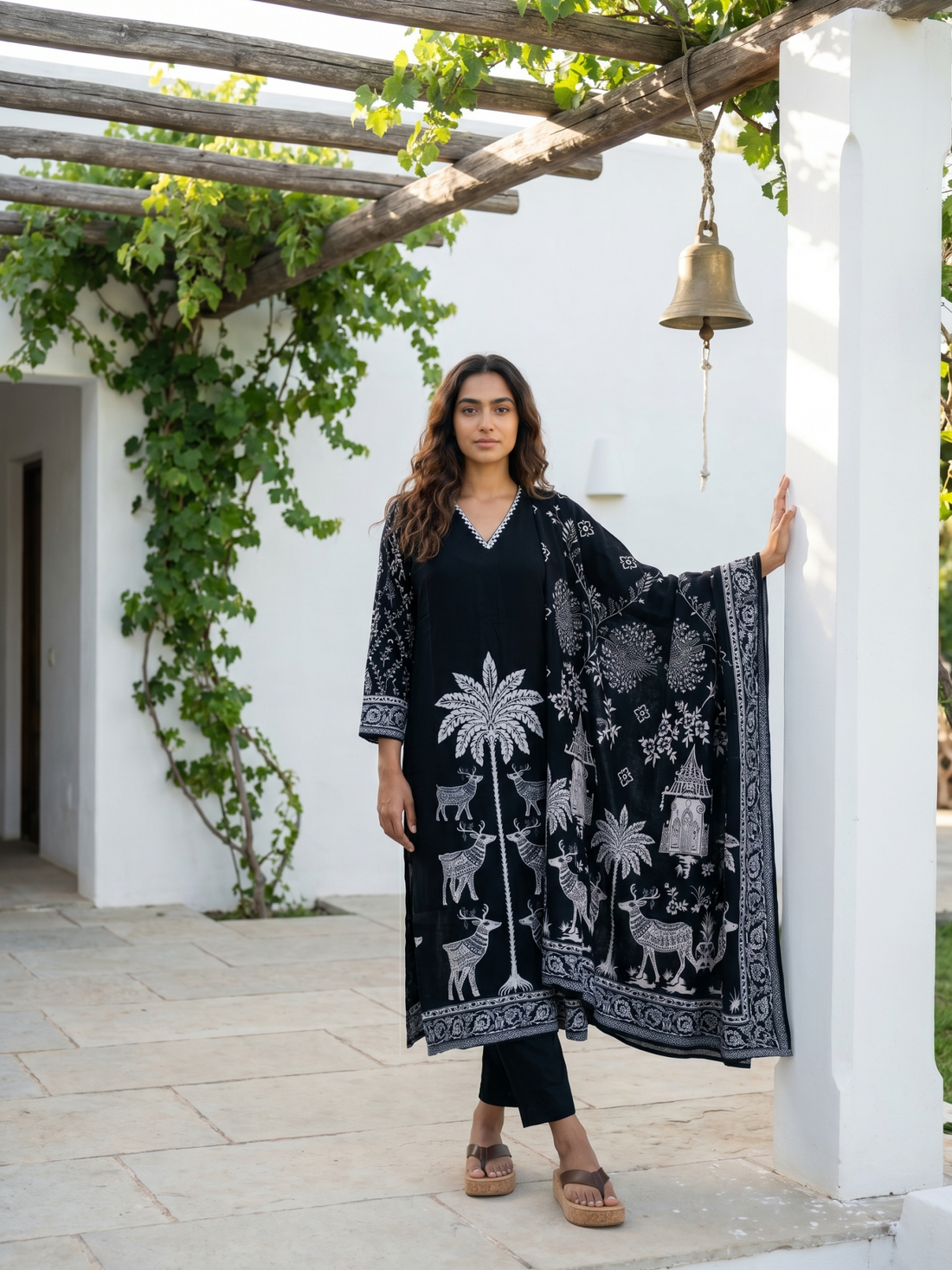 Midnight Forest | Black Cotton Kurta Set with Folk Art Print
