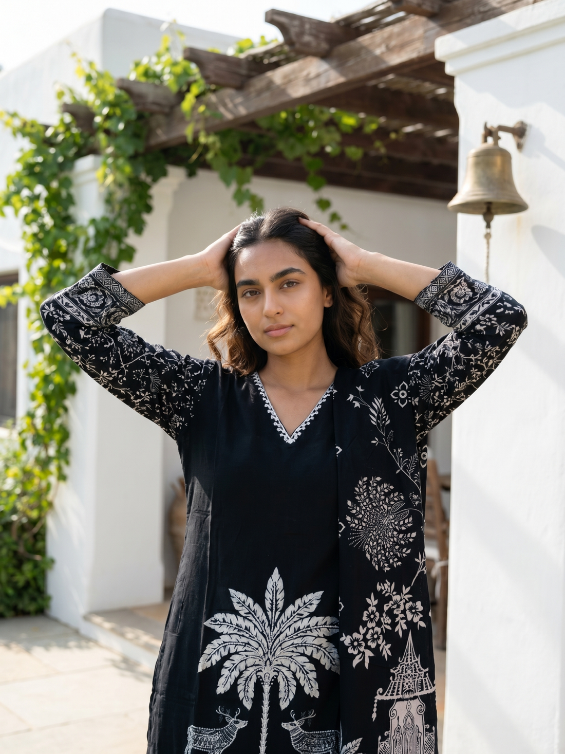Midnight Forest | Black Cotton Kurta Set with Folk Art Print