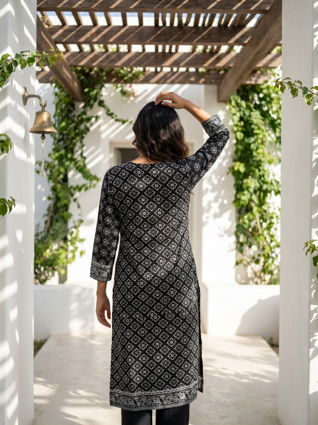 Midnight Forest | Black Cotton Kurta Set with Folk Art Print