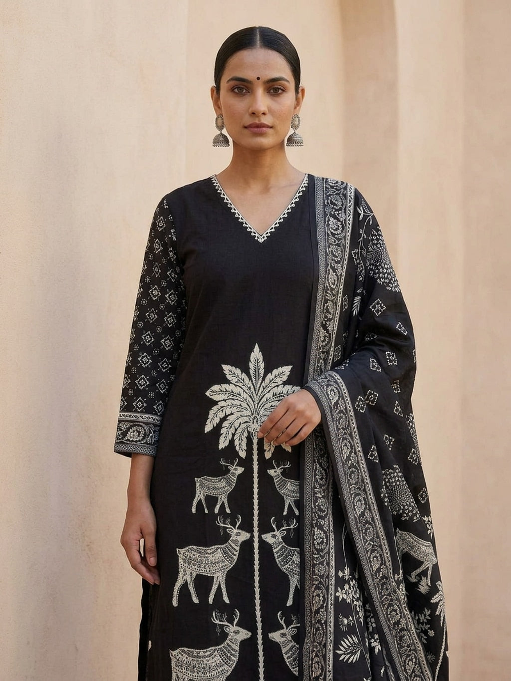 Midnight Forest | Black Cotton Kurta Set with Folk Art Print