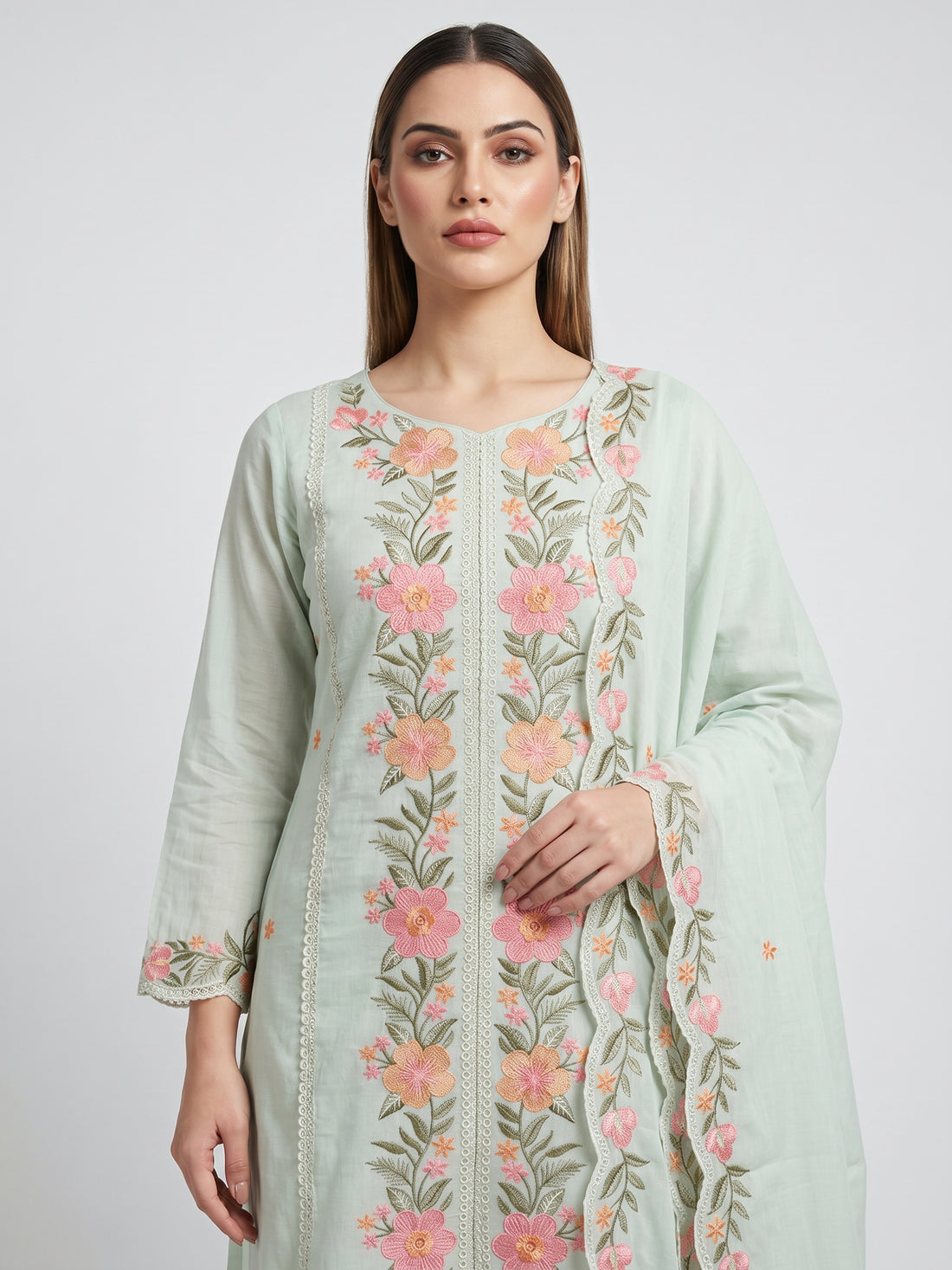 sea green multicolour embroidered kurta set
