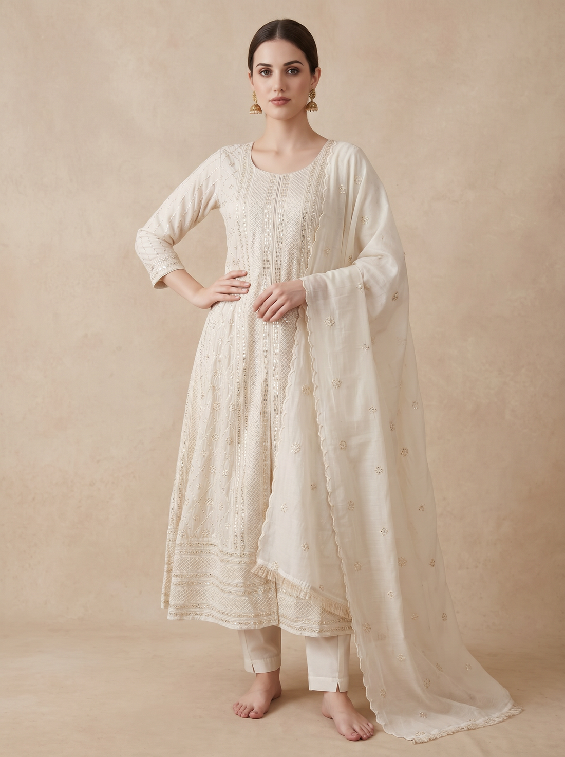 Saantha Signature|White Cotton Silk Mirror Embroidery Anarkali Kurta Set