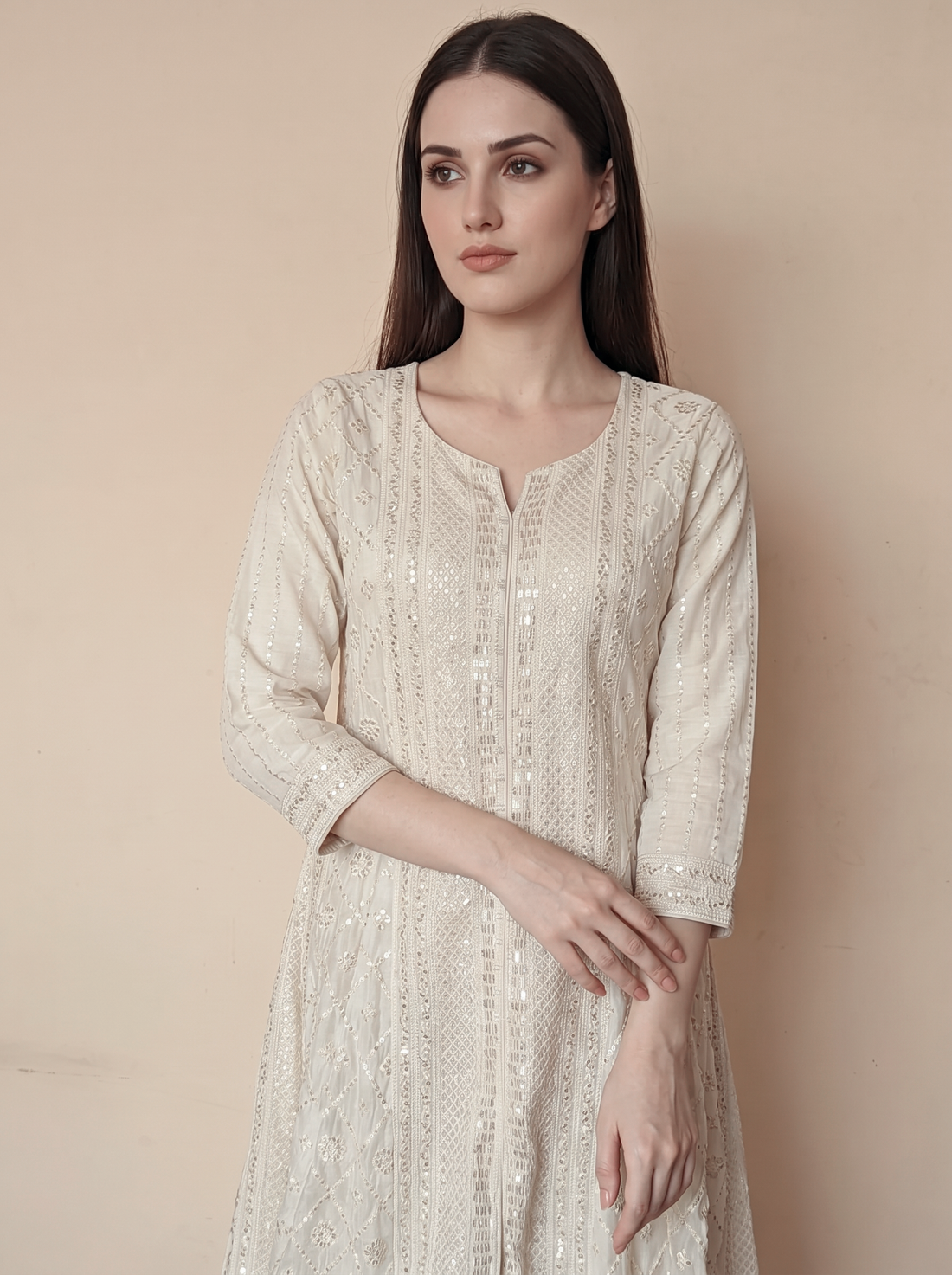 Saantha Signature|White Cotton Silk Mirror Embroidery Anarkali Kurta Set