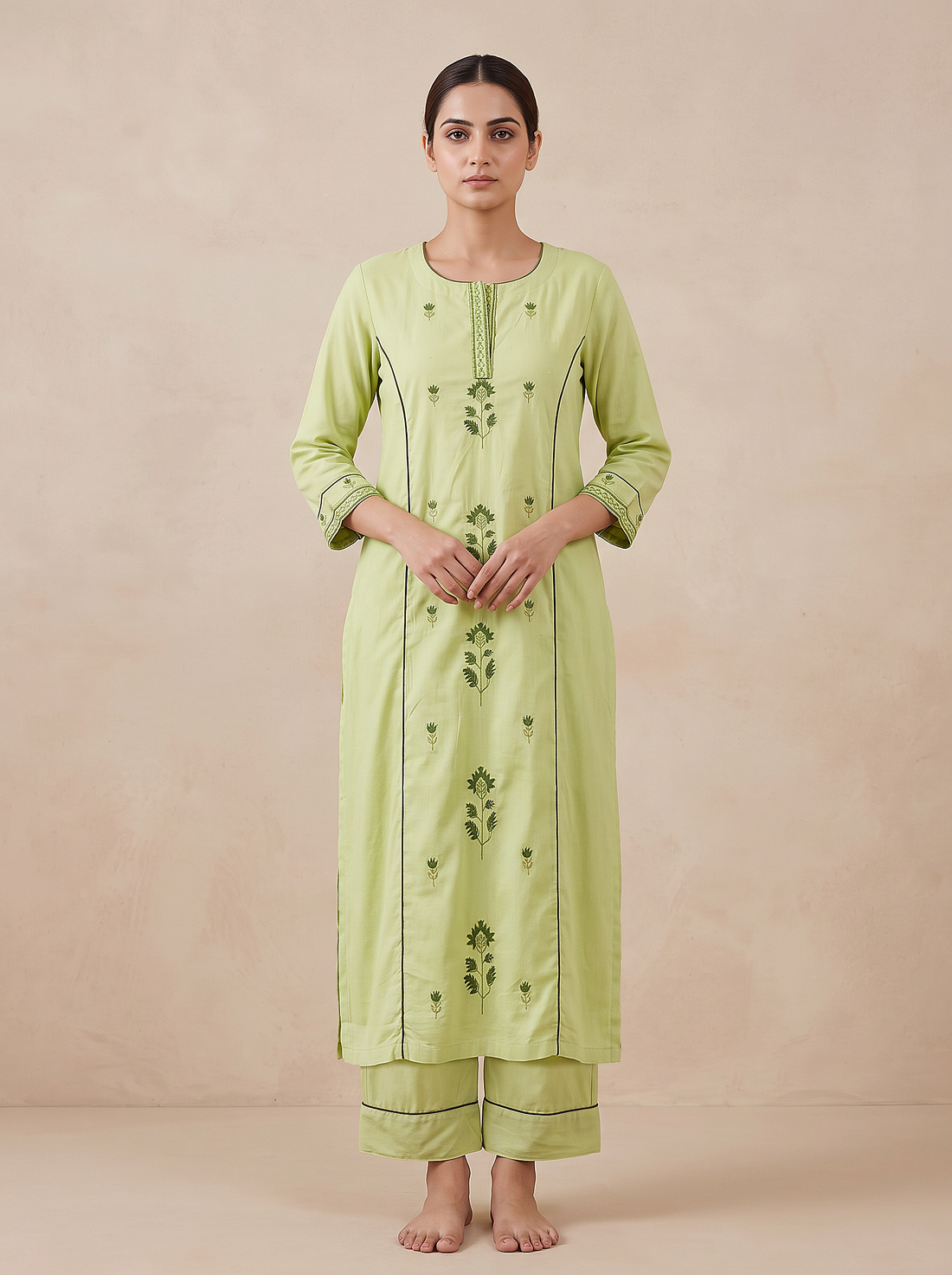 Saantha Signature|Light Green Linen Embroidery Kurta Set