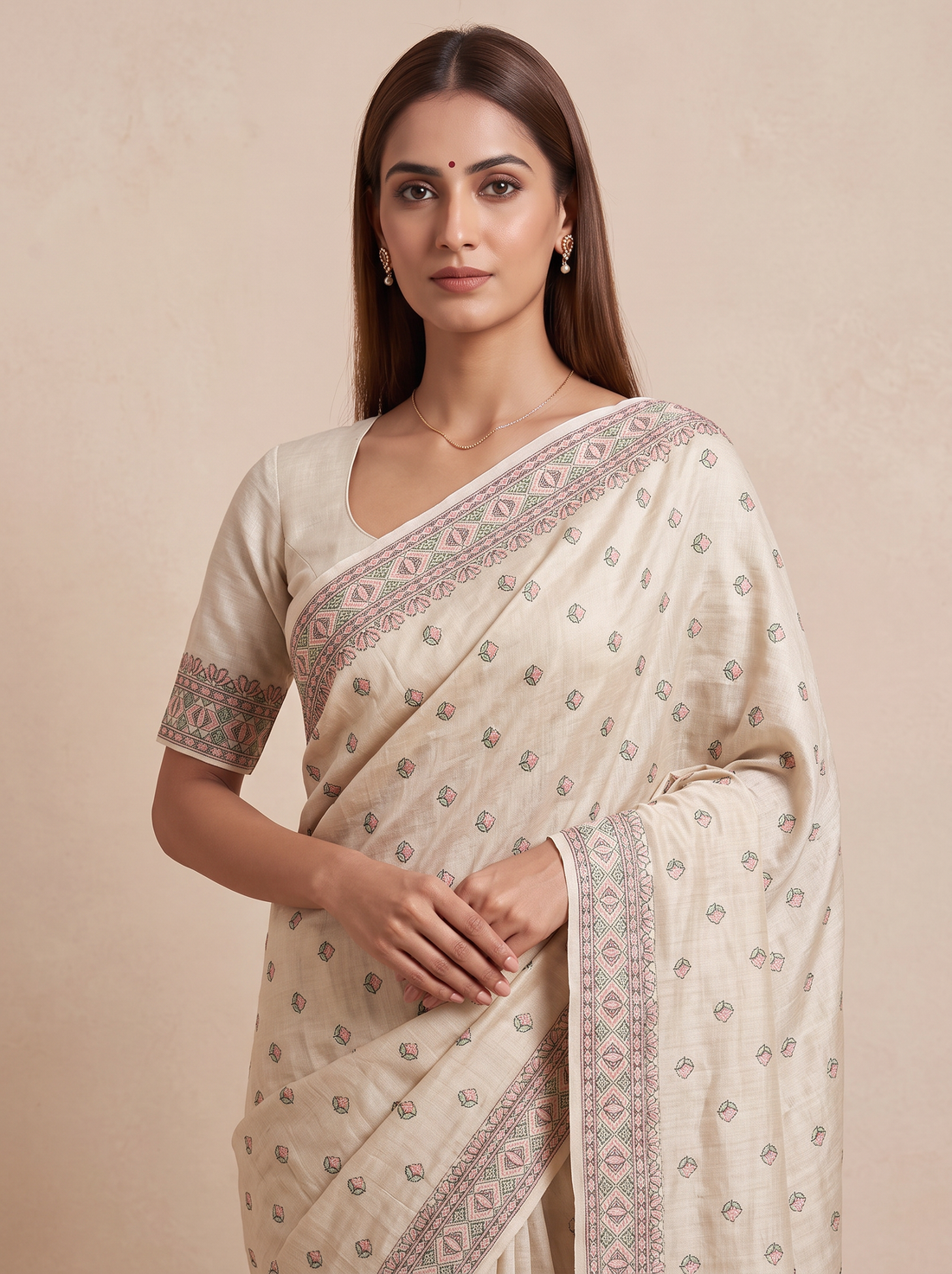 Saantha Signature|Cream Semi Tassar Embroidery Saree