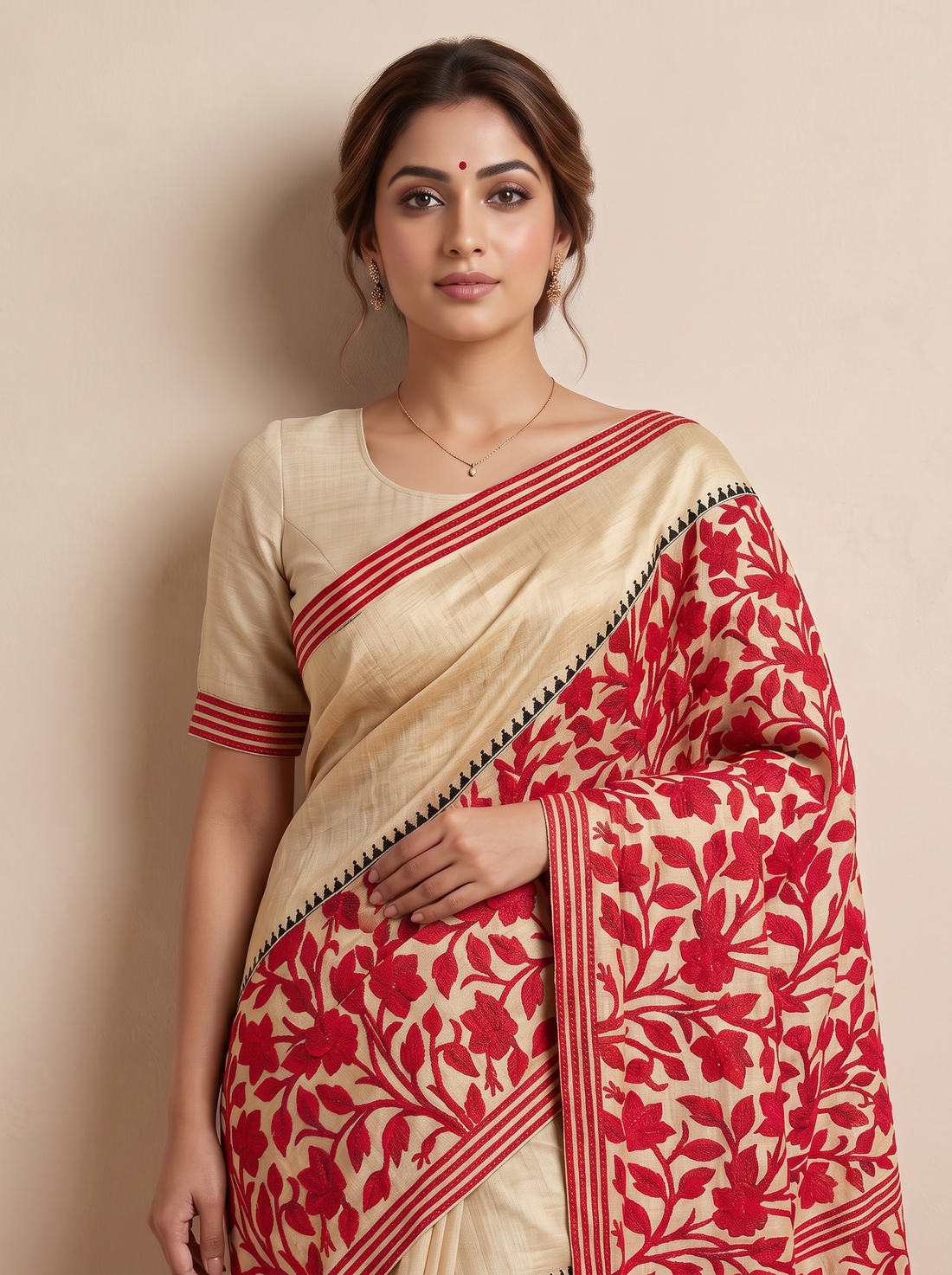 Saantha Signature|Cream Red Tussar Silk Hand Embroidery Saree