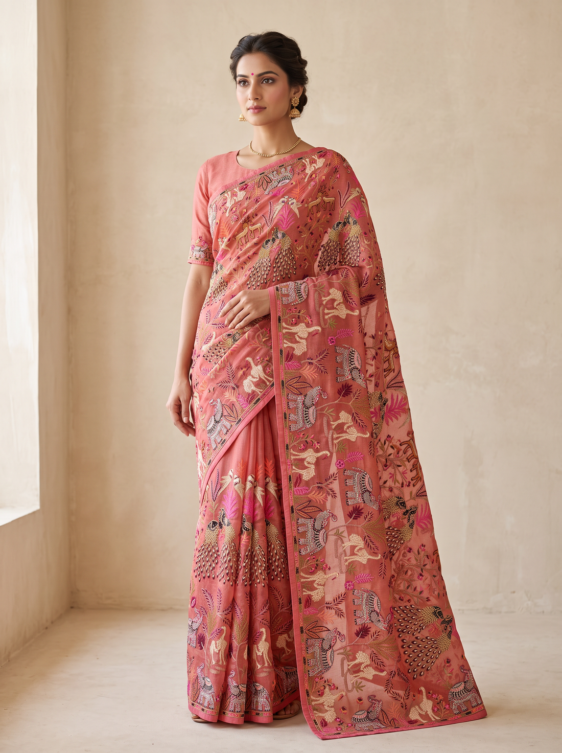 Saantha Signature|Light Pink Organza Embroidery Saree