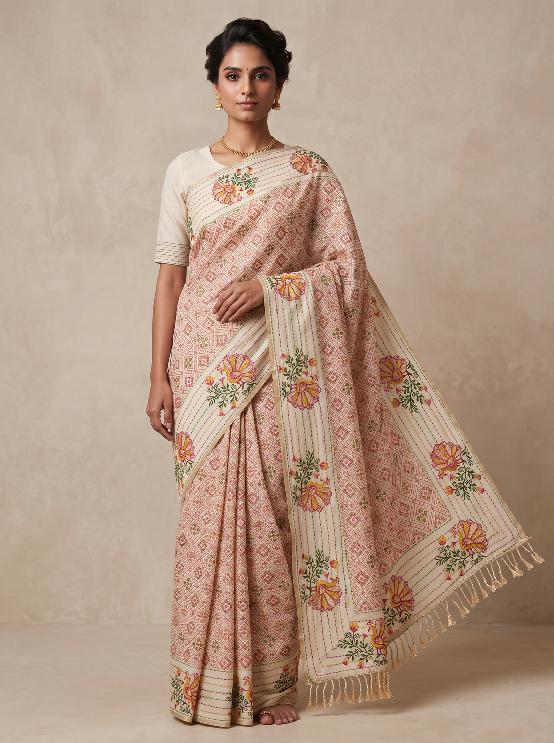Saantha Signature|Cream Art Silk Embroidery Saree