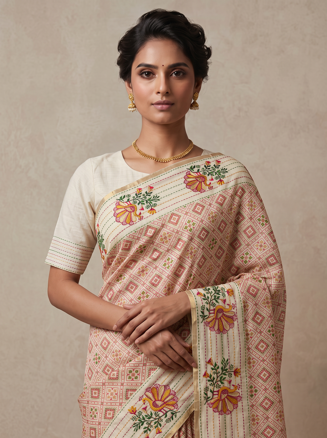 Saantha Signature|Cream Art Silk Embroidery Saree