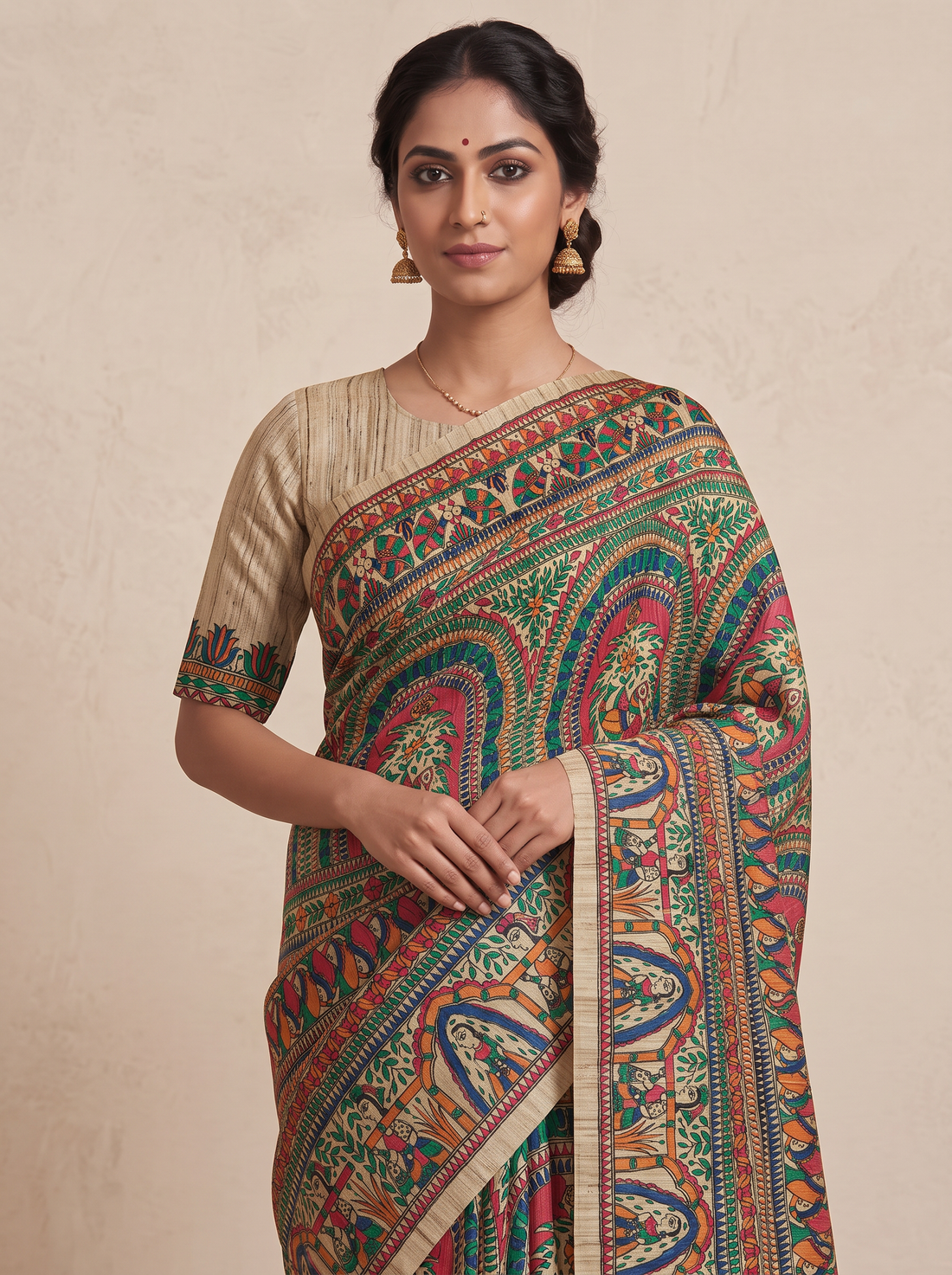 Saantha Signature|Tussar Silk Madhubani Hand Painting Saree