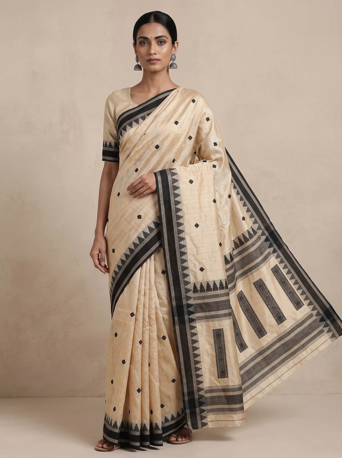 Saantha Signature|Cream Black Tussar Silk Weave Saree