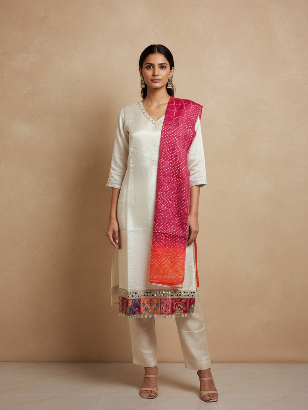 Cream kurta set with bandhani dupatta