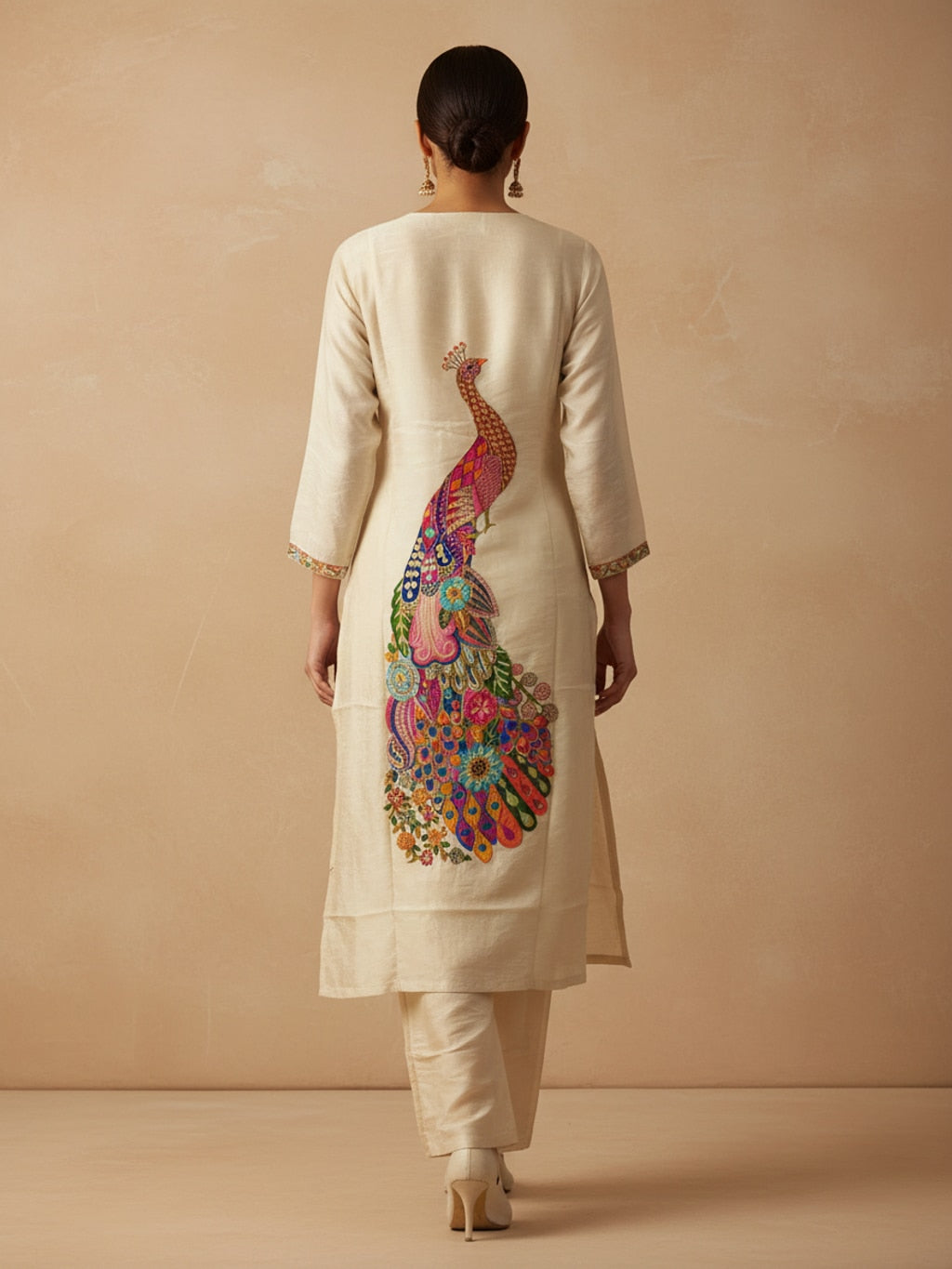 Cream kurta set with bandhani dupatta