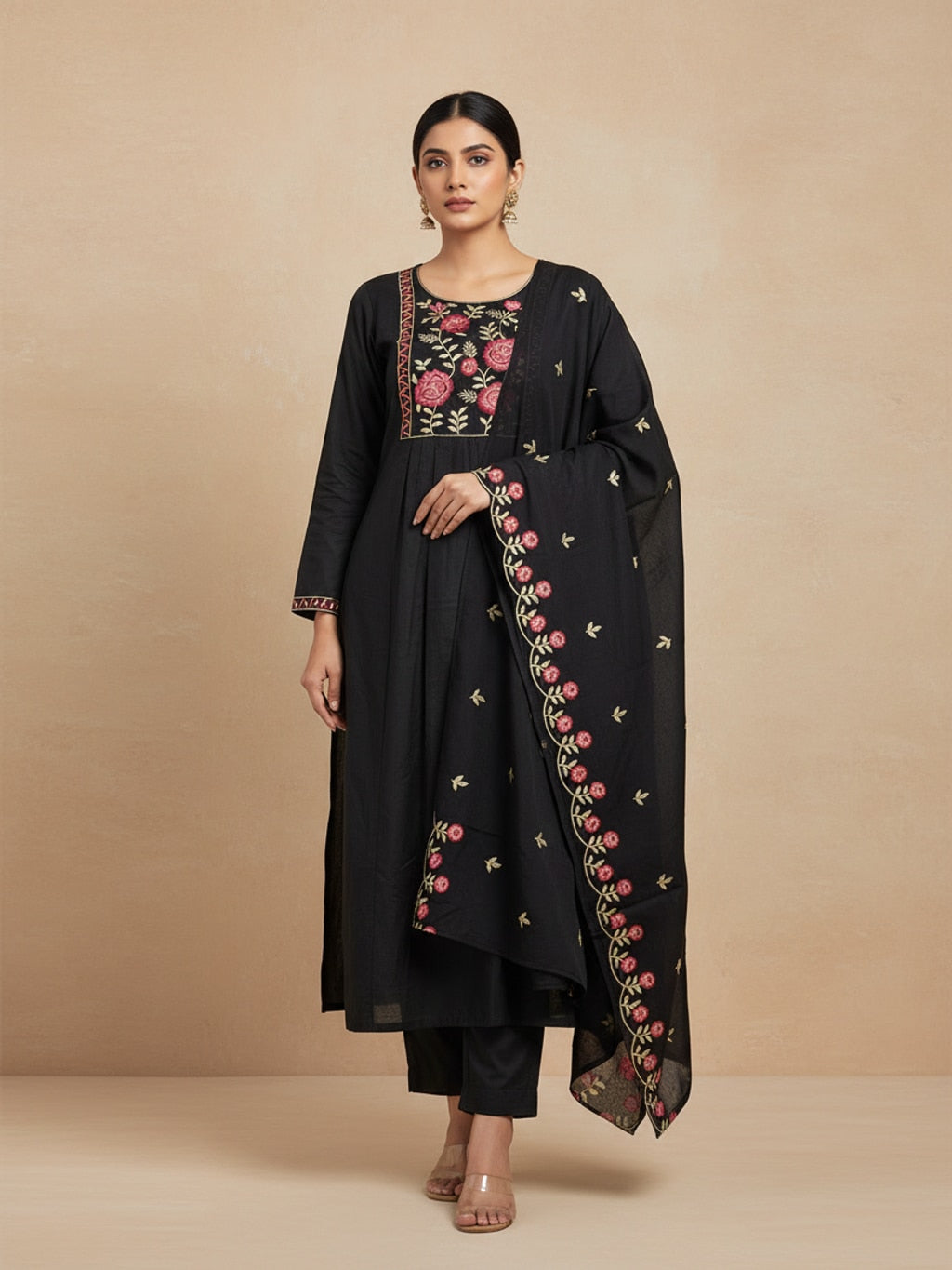 Black embroidered yolk kurta set