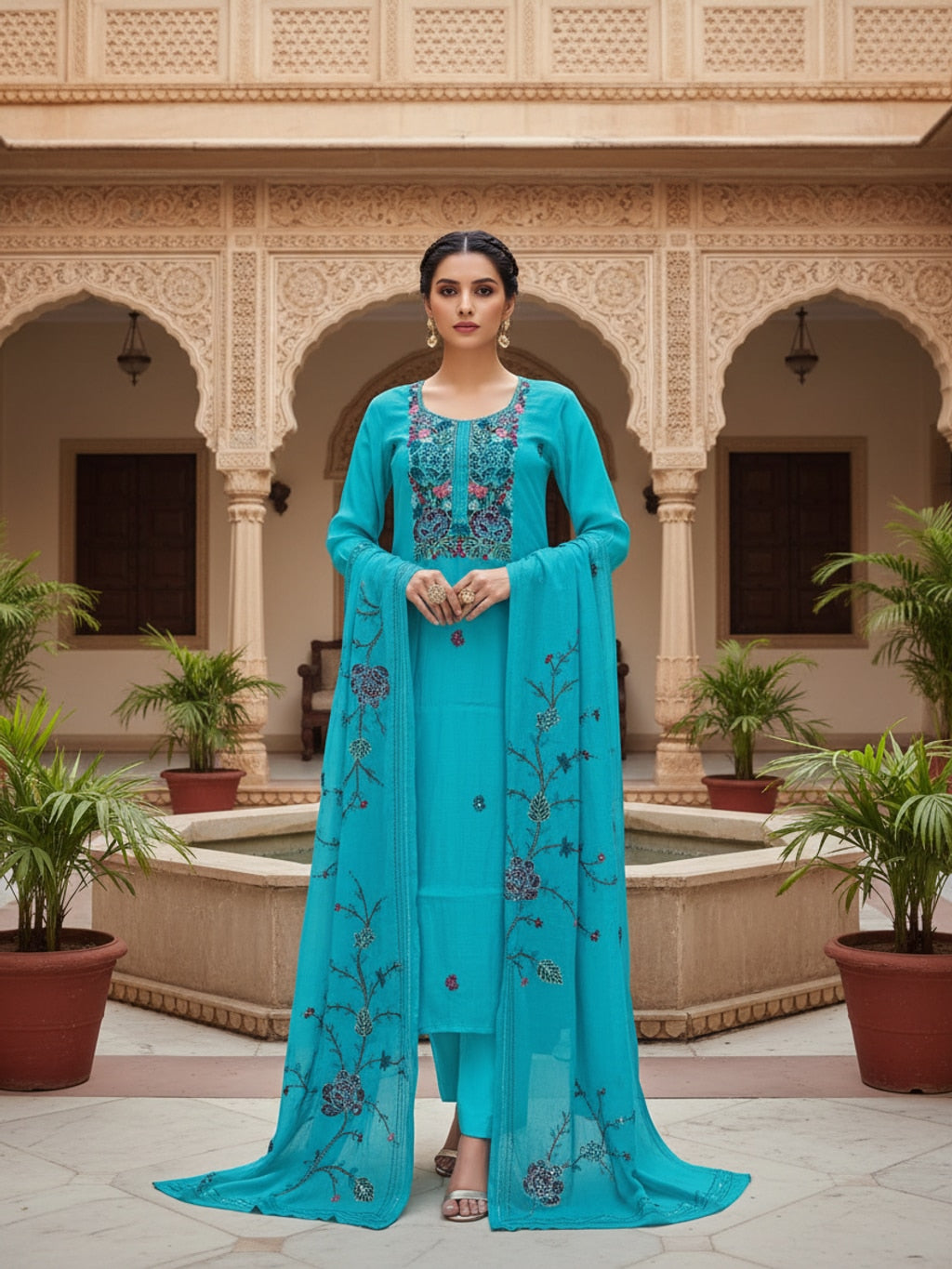 Hand embroidered chanderi kurta set