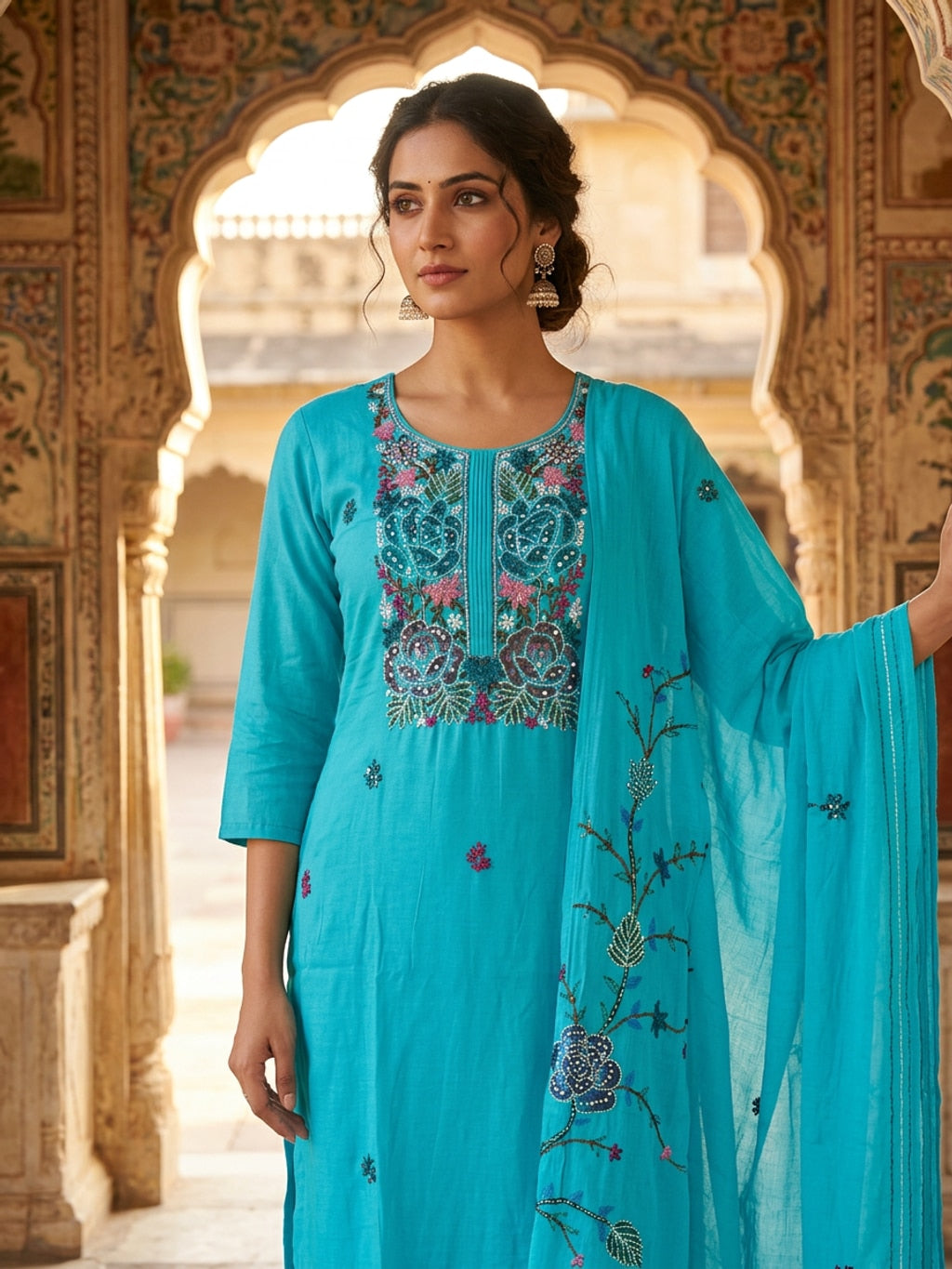 Hand embroidered chanderi kurta set
