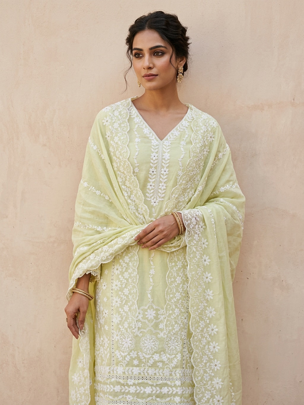Lime green chikankari kurta set