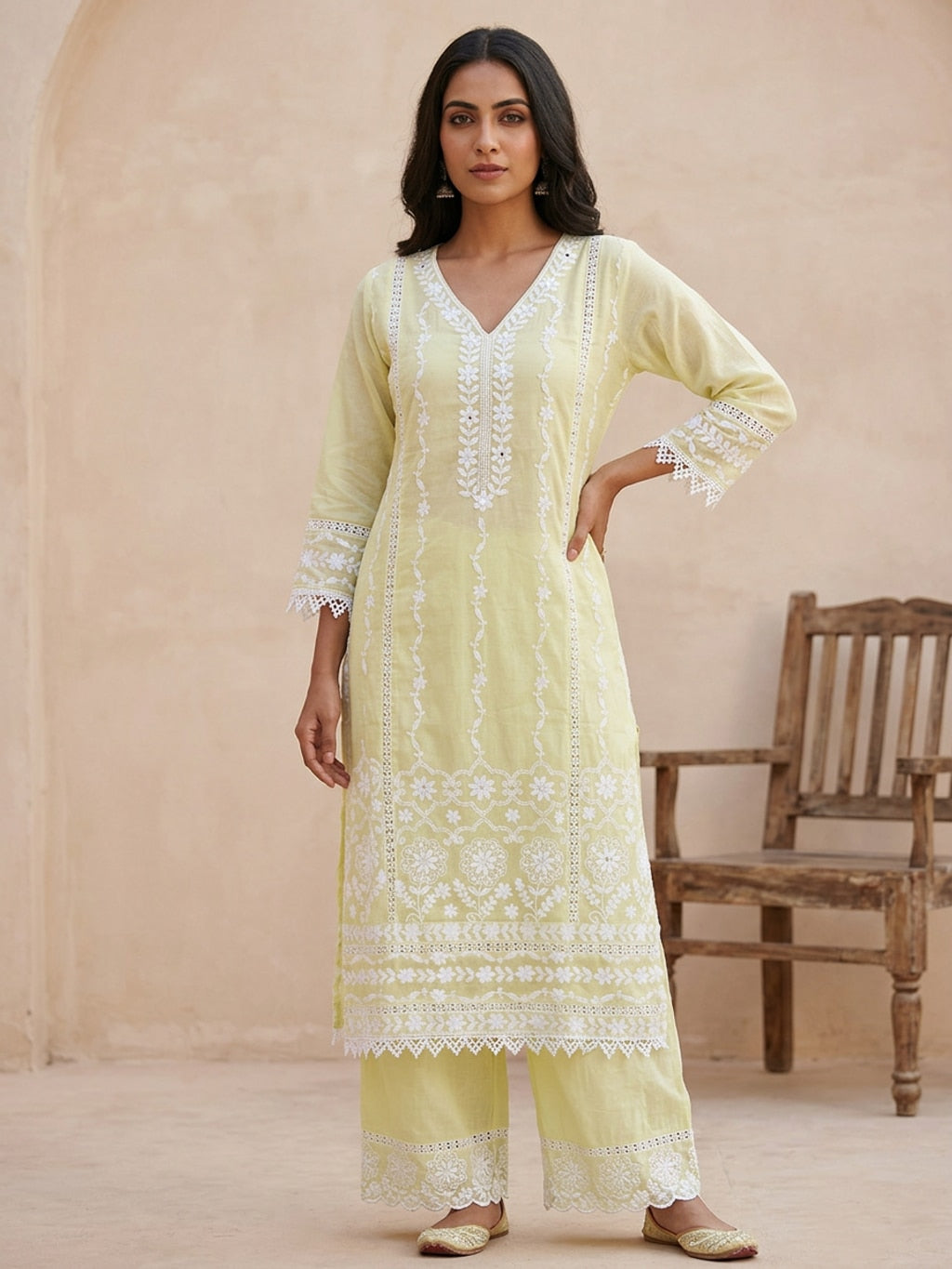 Lime green chikankari kurta set