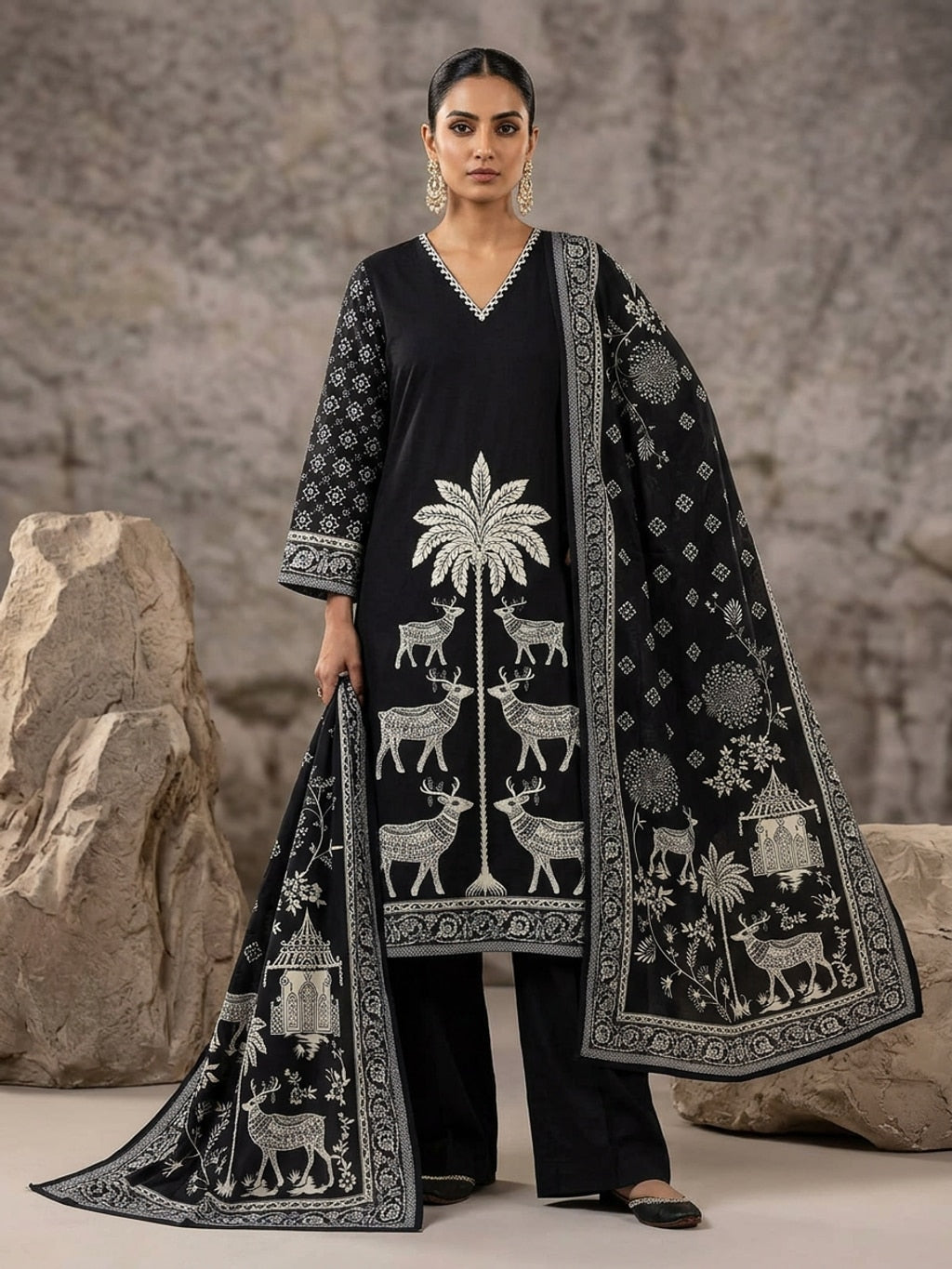 Midnight Forest | Black Cotton Kurta Set with Folk Art Print