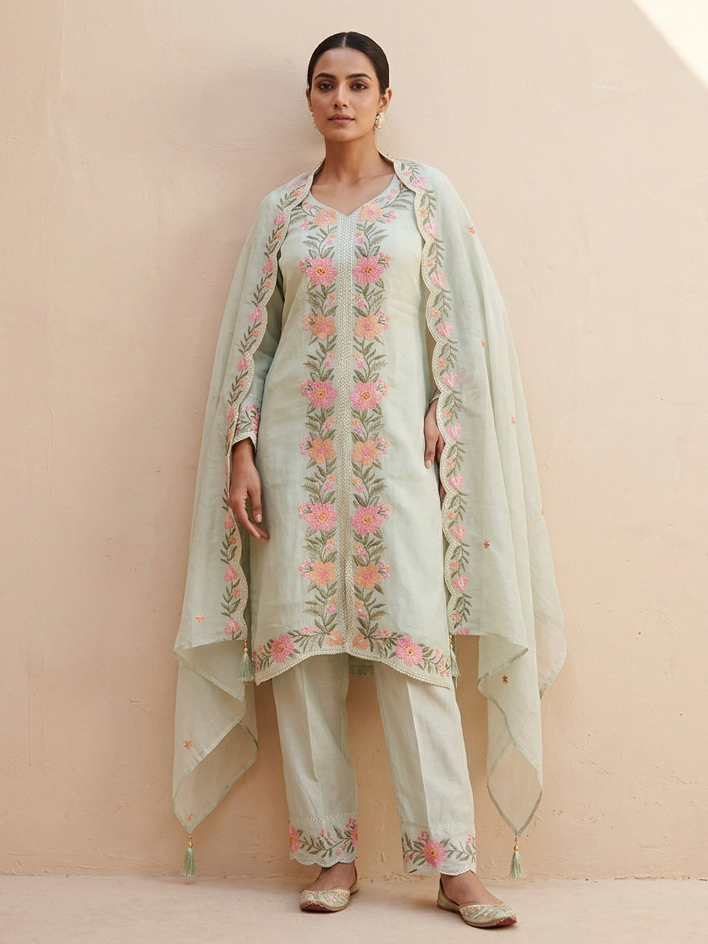 sea green multicolour embroidered kurta set
