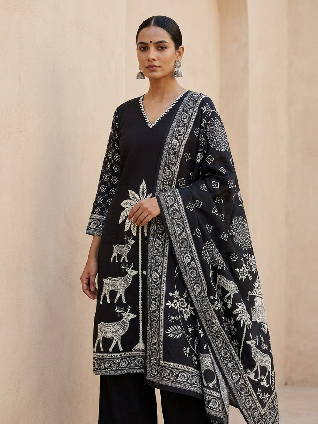 Midnight Forest | Black Cotton Kurta Set with Folk Art Print
