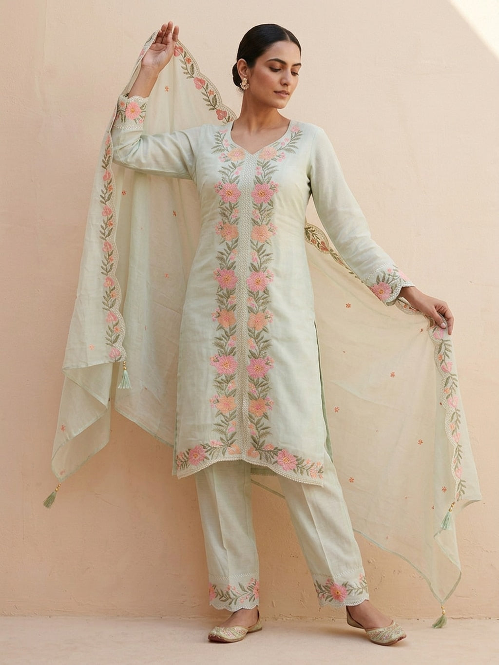 sea green multicolour embroidered kurta set